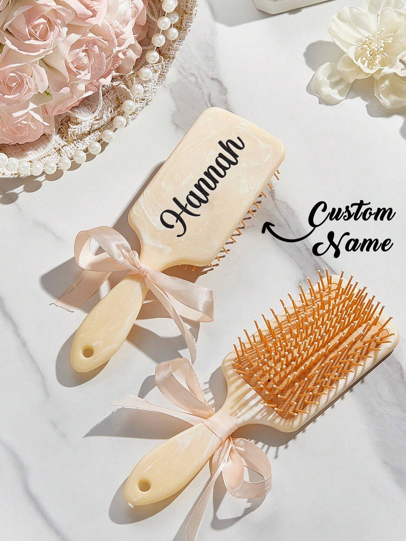 Personalized Name Hairbrush – Custom Detangling Brush with Ribbon Bow (7 x 22cm)
