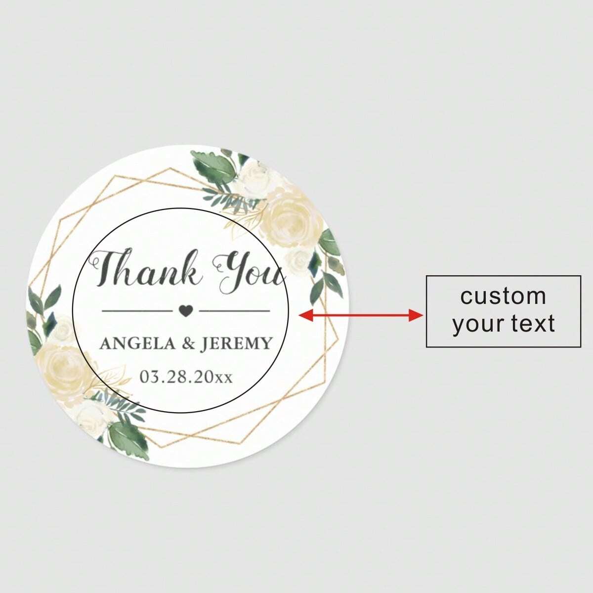 Custom Thank You Stickers – Personalized Round Wedding Labels with Names & Date (Flower))