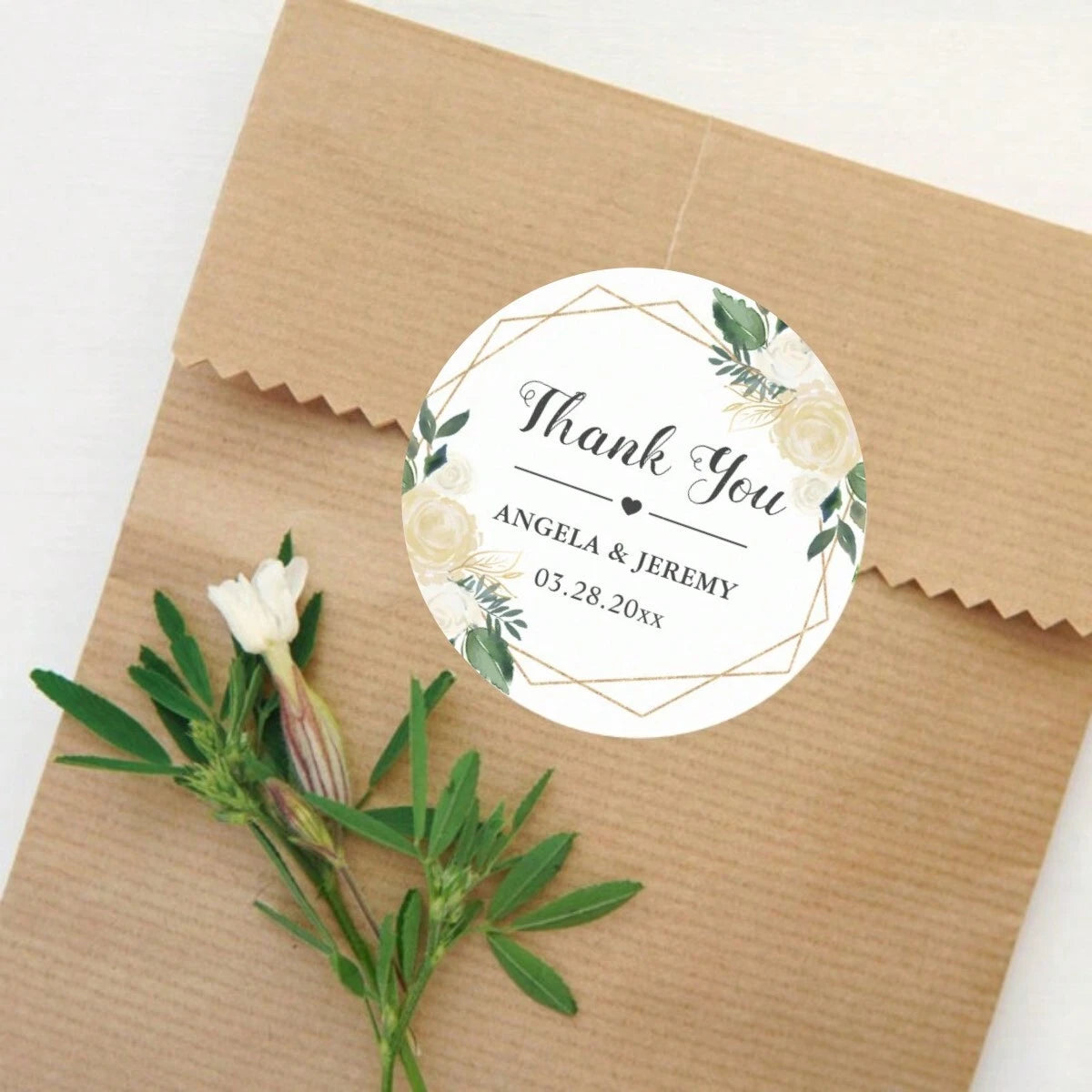 Custom Thank You Stickers – Personalized Round Wedding Labels with Names & Date (Flower))