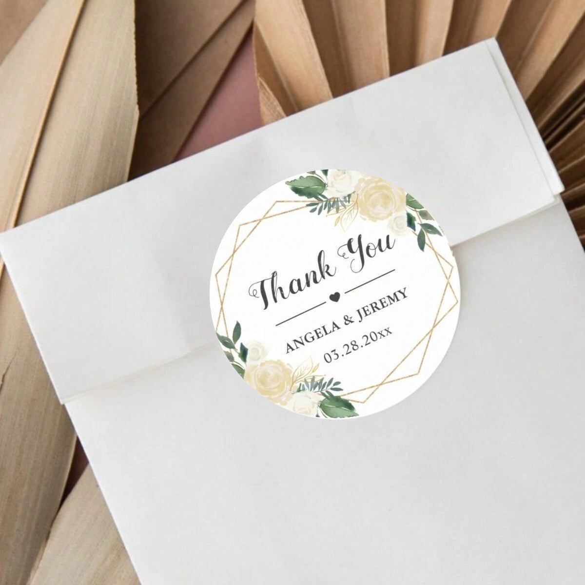Custom Thank You Stickers – Personalized Round Wedding Labels with Names & Date (Flower))