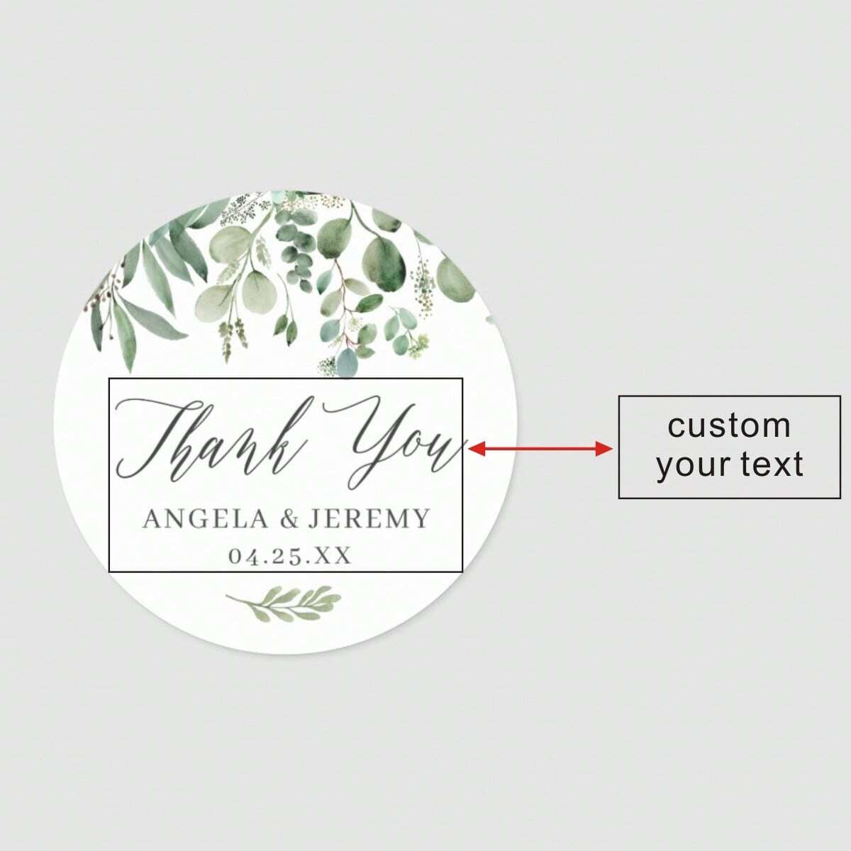 Custom Thank You Stickers – Personalized Round Wedding Labels with Names & Date (Green Leave)