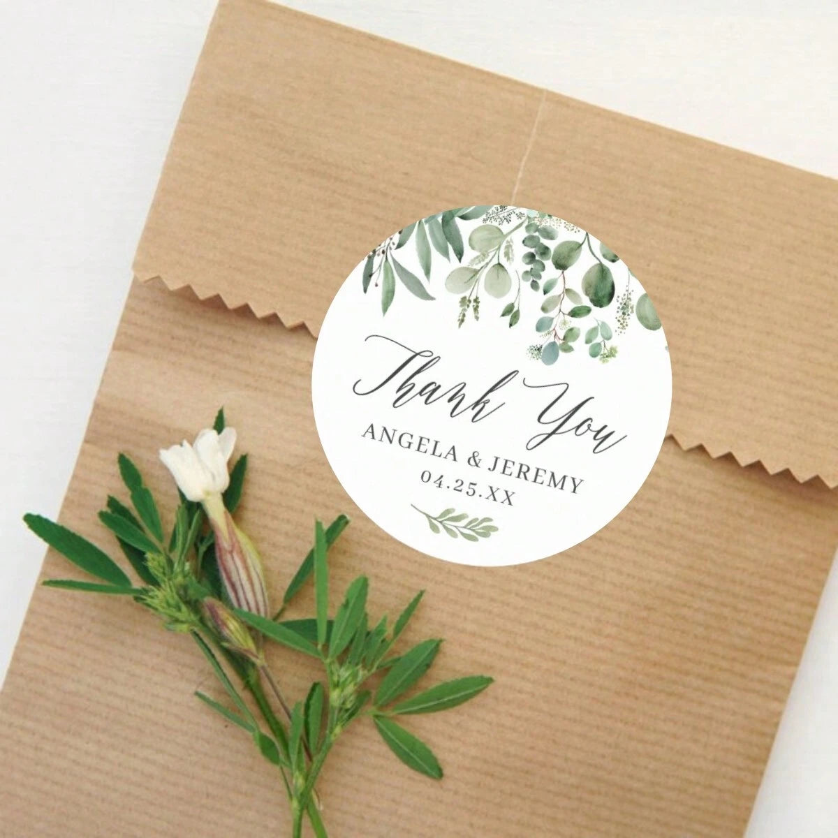 Custom Thank You Stickers – Personalized Round Wedding Labels with Names & Date (Green Leave)