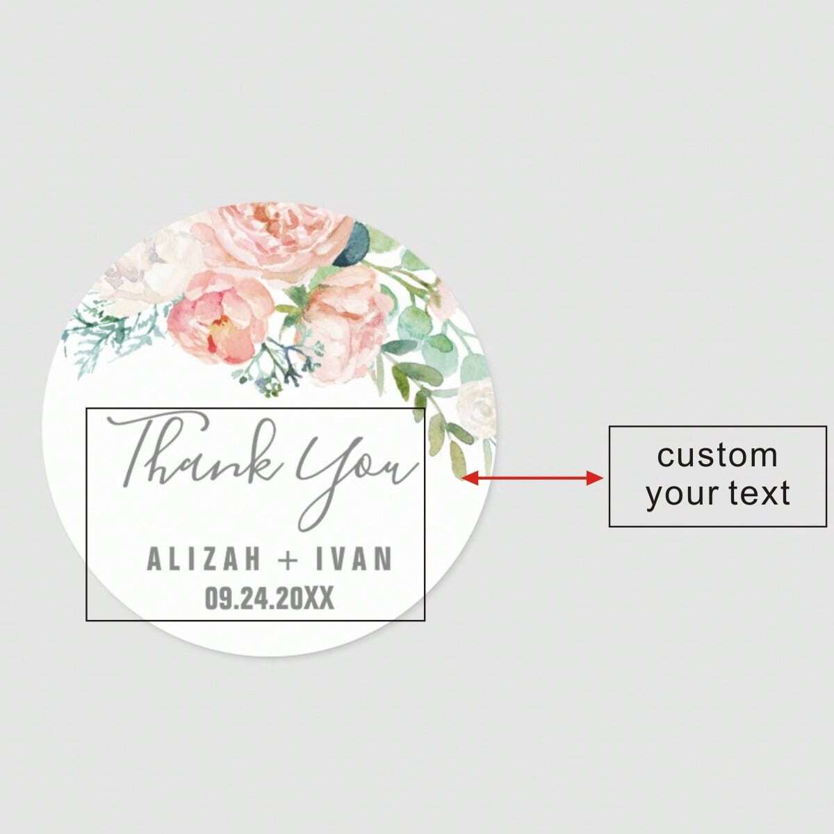 Custom Thank You Stickers – Personalized Round Wedding Labels with Names & Date (Pink Flower))) (Copy)