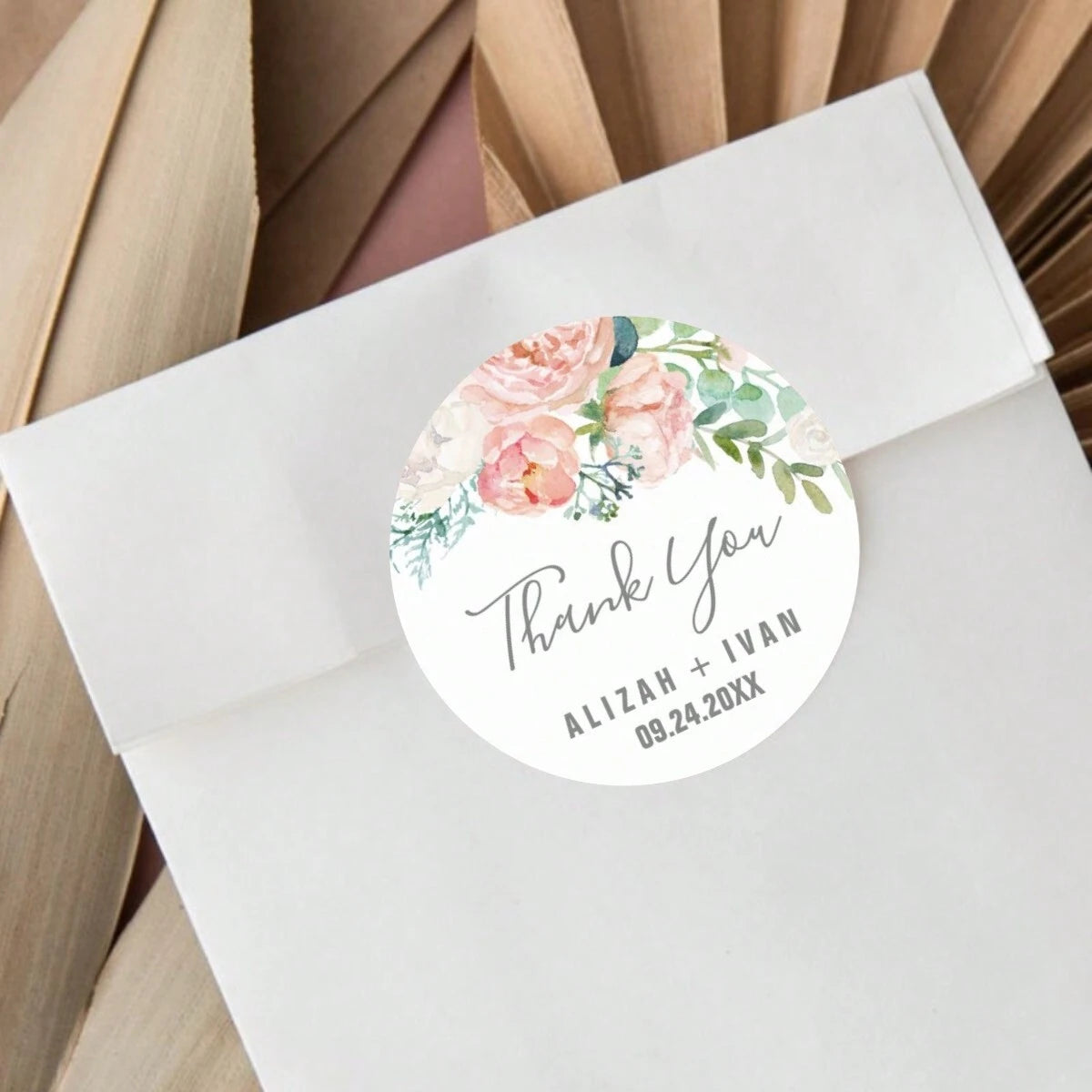 Custom Thank You Stickers – Personalized Round Wedding Labels with Names & Date (Pink Flower))) (Copy)