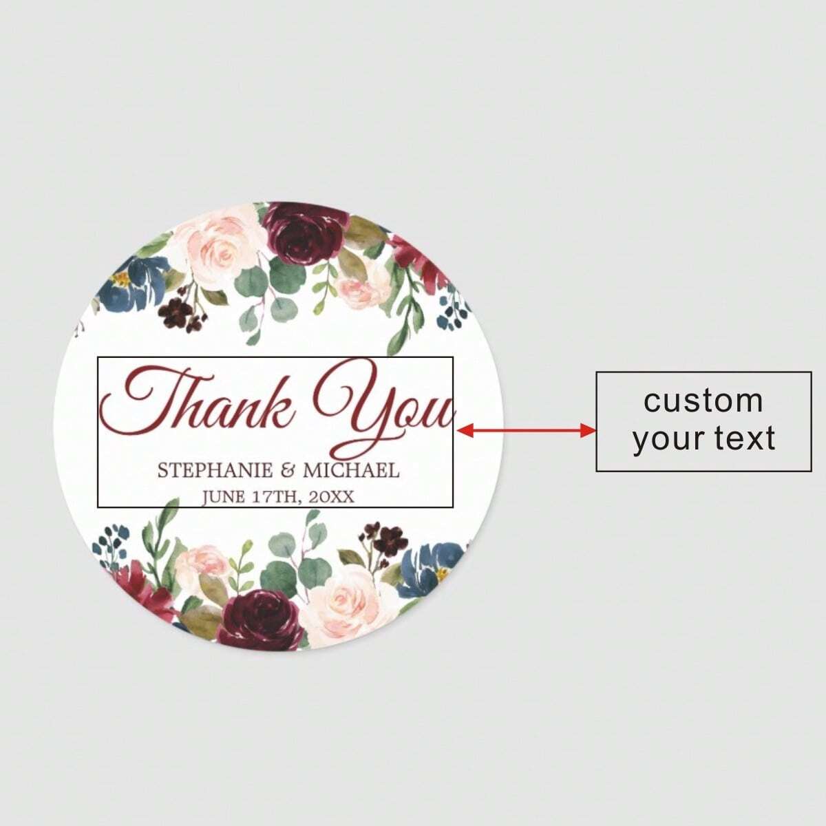 Custom Thank You Stickers – Personalized Round Wedding Labels with Names & Date (Red)Flower)
