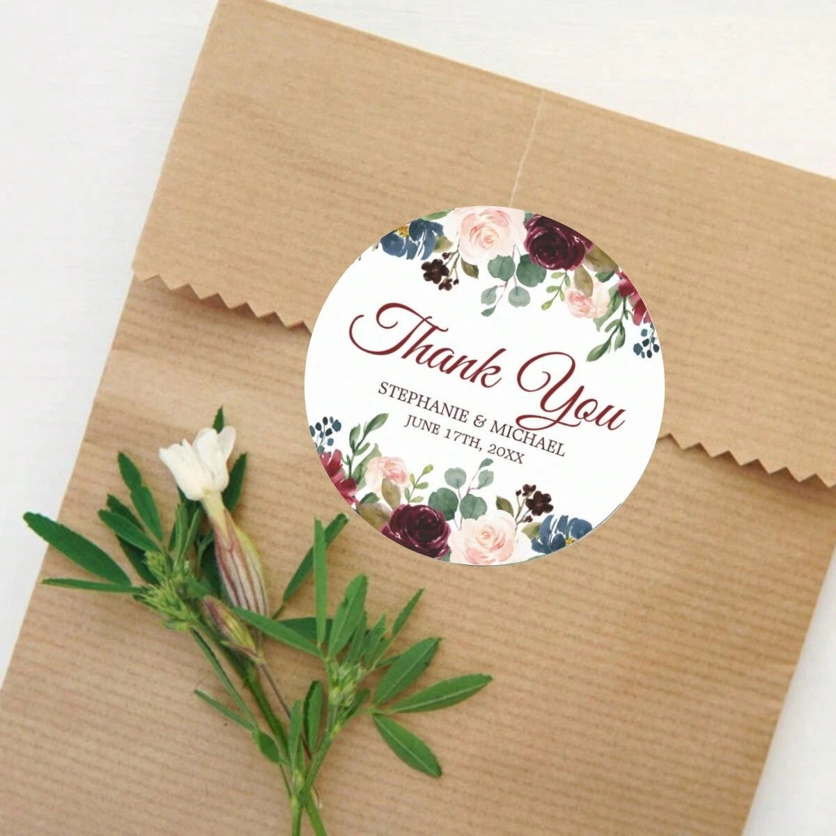 Custom Thank You Stickers – Personalized Round Wedding Labels with Names & Date (Red)Flower)