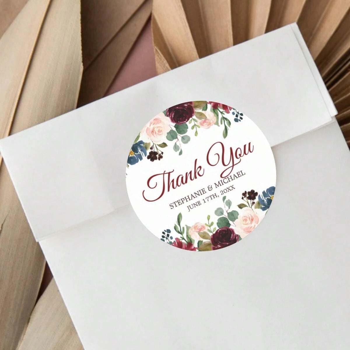 Custom Thank You Stickers – Personalized Round Wedding Labels with Names & Date (Red)Flower)