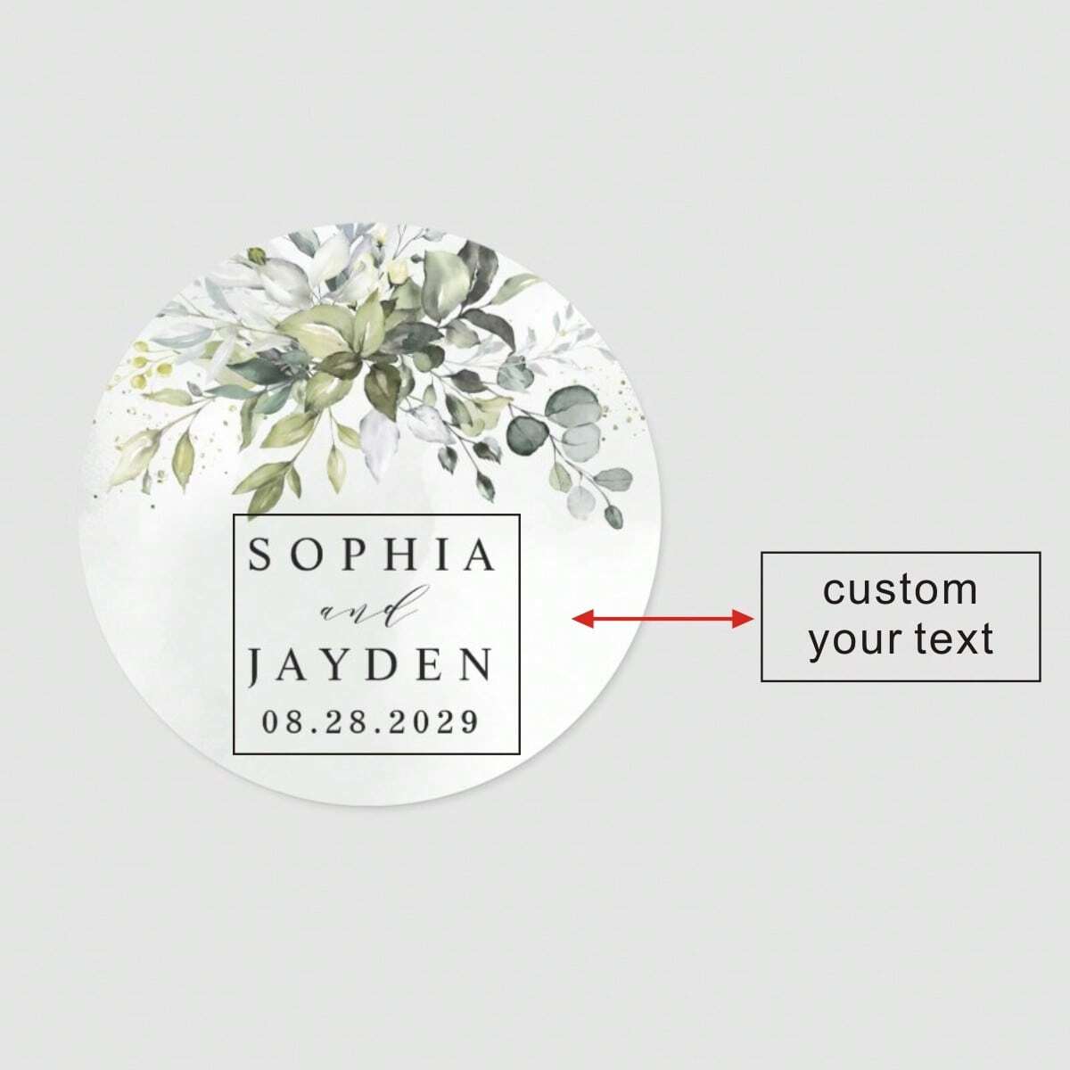 Custom Thank You Stickers – Personalized Round Wedding Labels with Names & Date (Green Forest)
