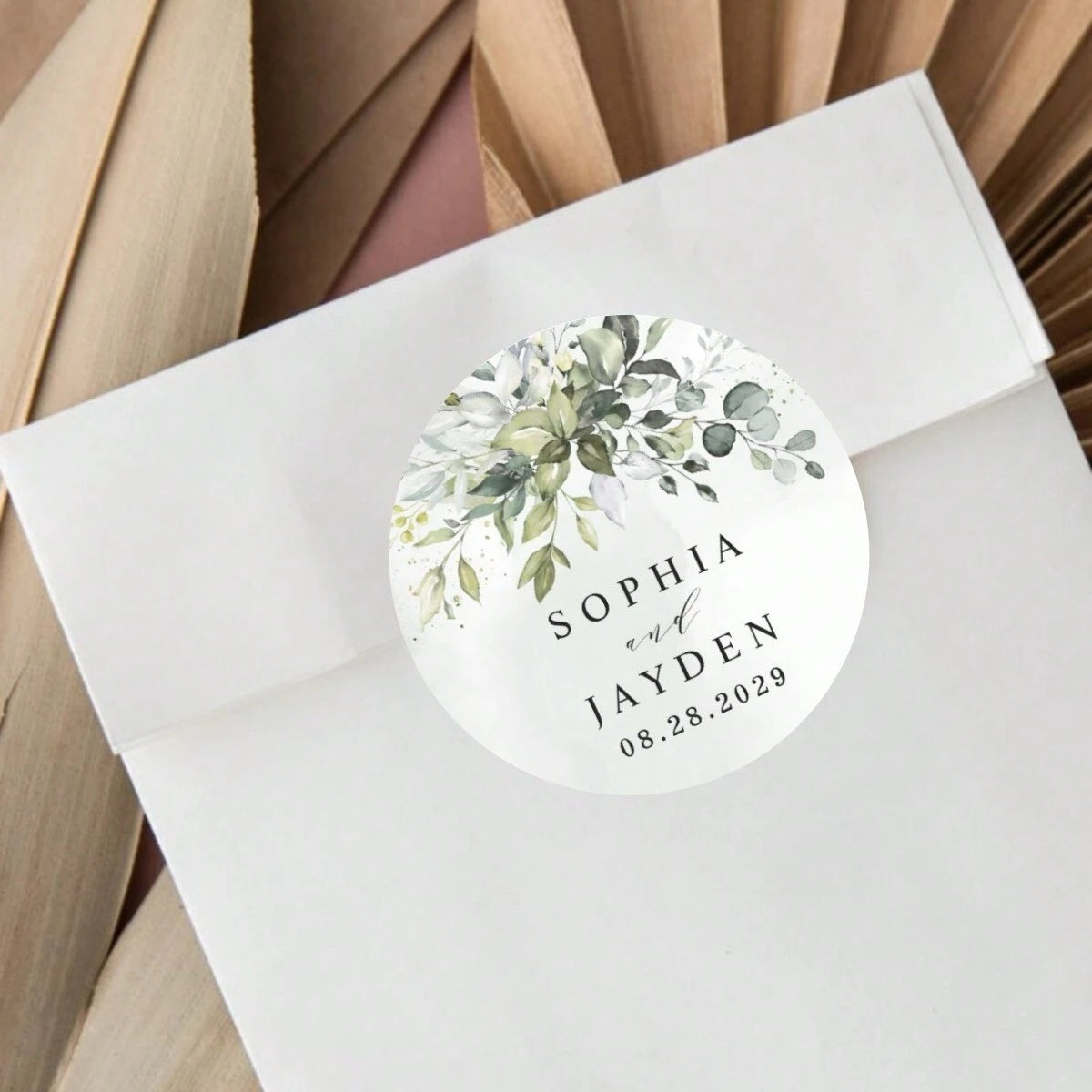 Custom Thank You Stickers – Personalized Round Wedding Labels with Names & Date (Green Forest)