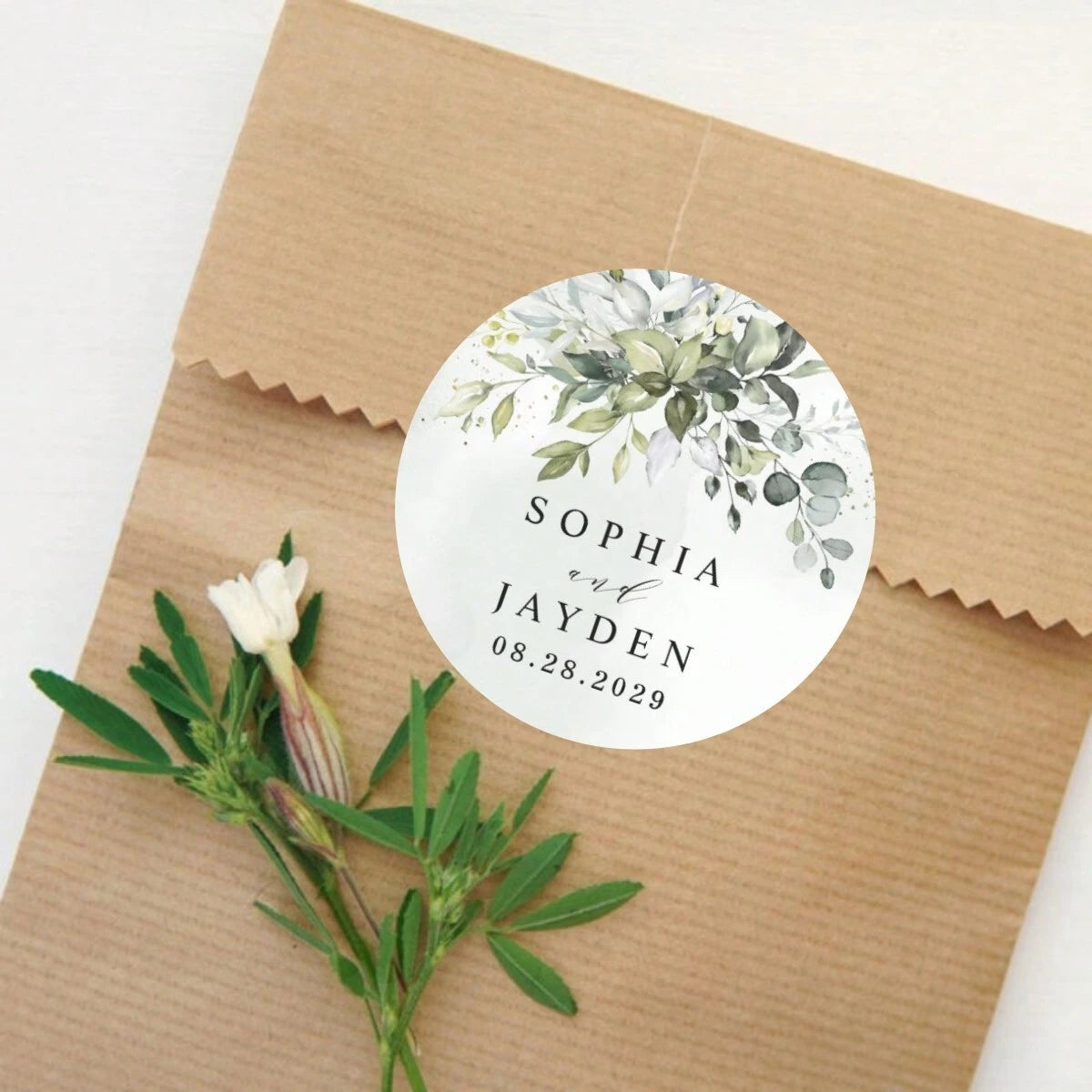 Custom Thank You Stickers – Personalized Round Wedding Labels with Names & Date (Green Forest)