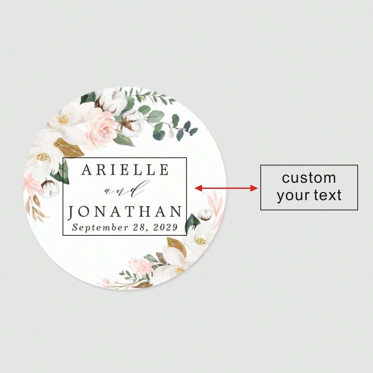 Custom Thank You Stickers – Personalized Round Wedding Labels with Names & Date (Green Flower)
