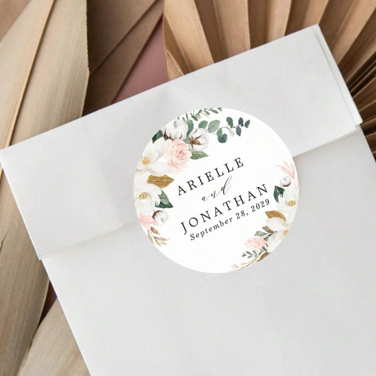 Custom Thank You Stickers – Personalized Round Wedding Labels with Names & Date (Green Flower)