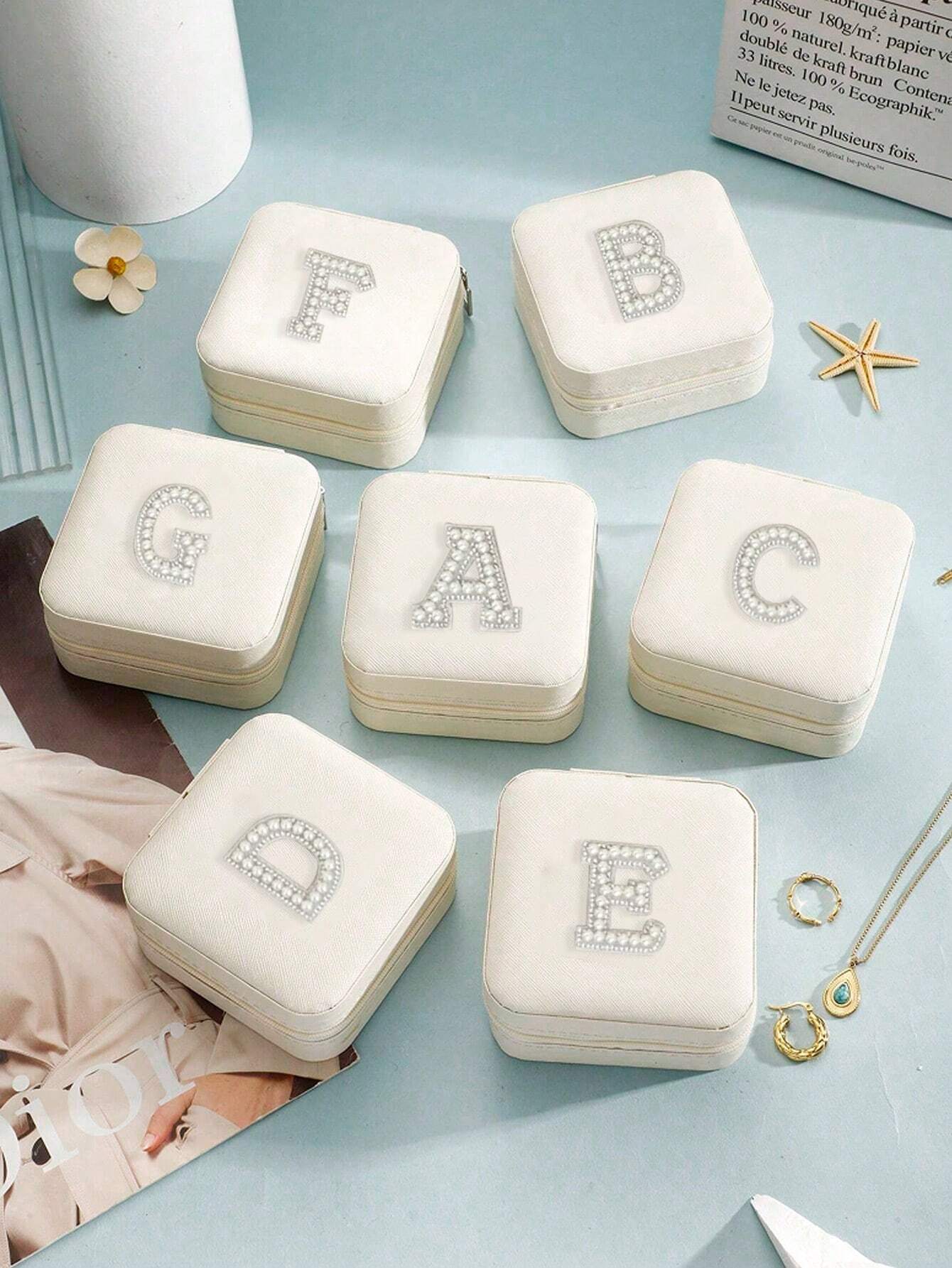 Personalized Travel Jewelry Box – Custom Letter Design - White