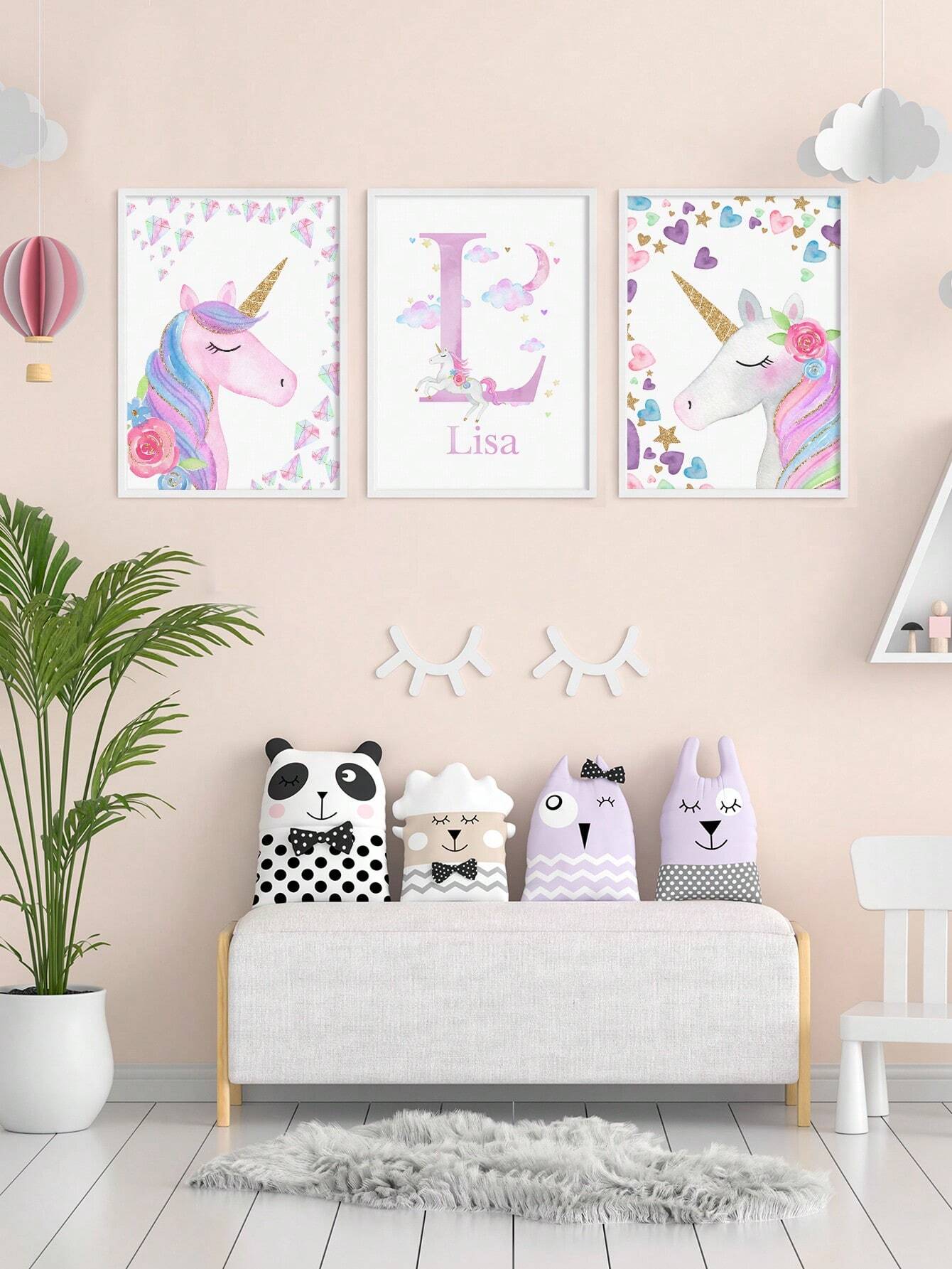 3-Piece Pink Unicorn Wall Art Prints – Personalized Frameless Nursery Decor
