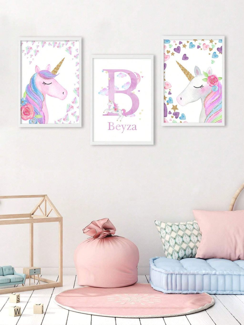 3-Piece Pink Unicorn Wall Art Prints – Personalized Frameless Nursery Decor