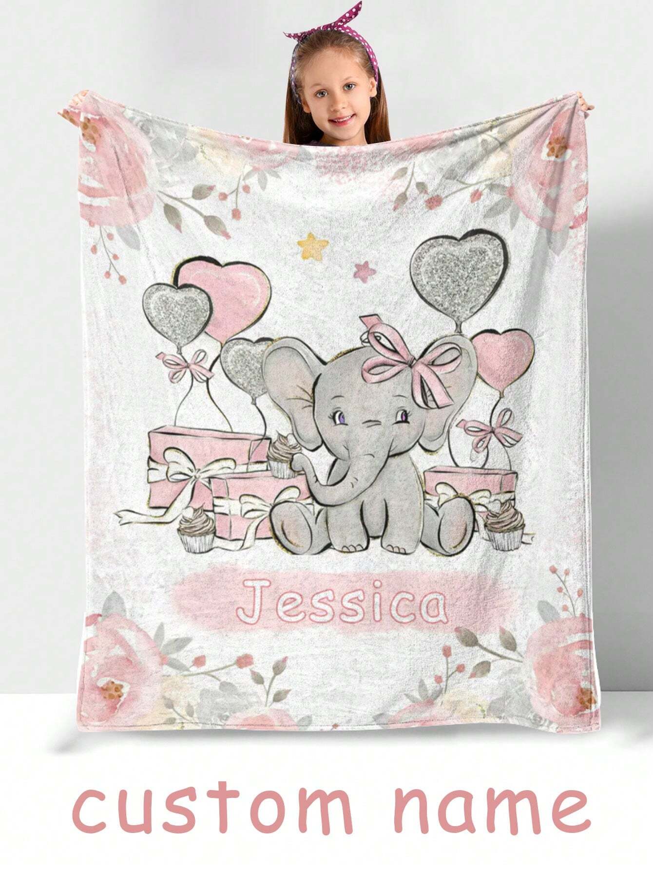 Customized Name Personalized Baby Blanket – Pink Elephant Design