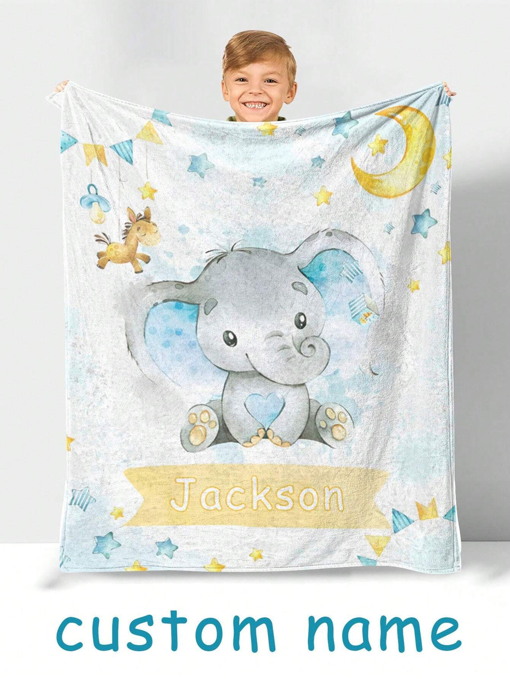 Customized Name Personalized Baby Blanket – Blue Elephant Design