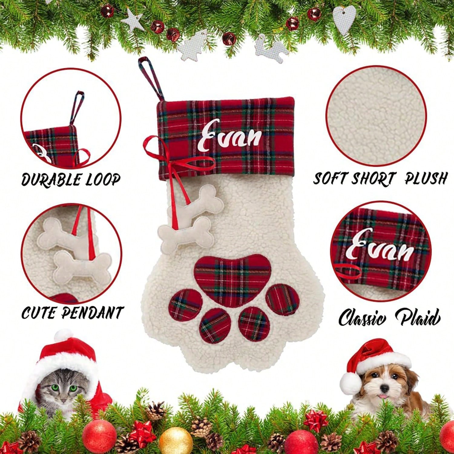 Personalized Christmas Stocking for Pets – Custom Name Paw Print Design (42 x 28cm)