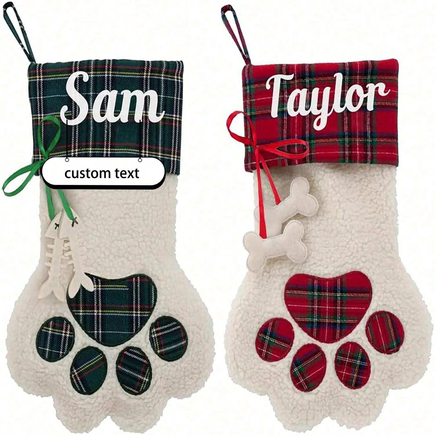 Personalized Christmas Stocking for Pets – Custom Name Paw Print Design (42 x 28cm)