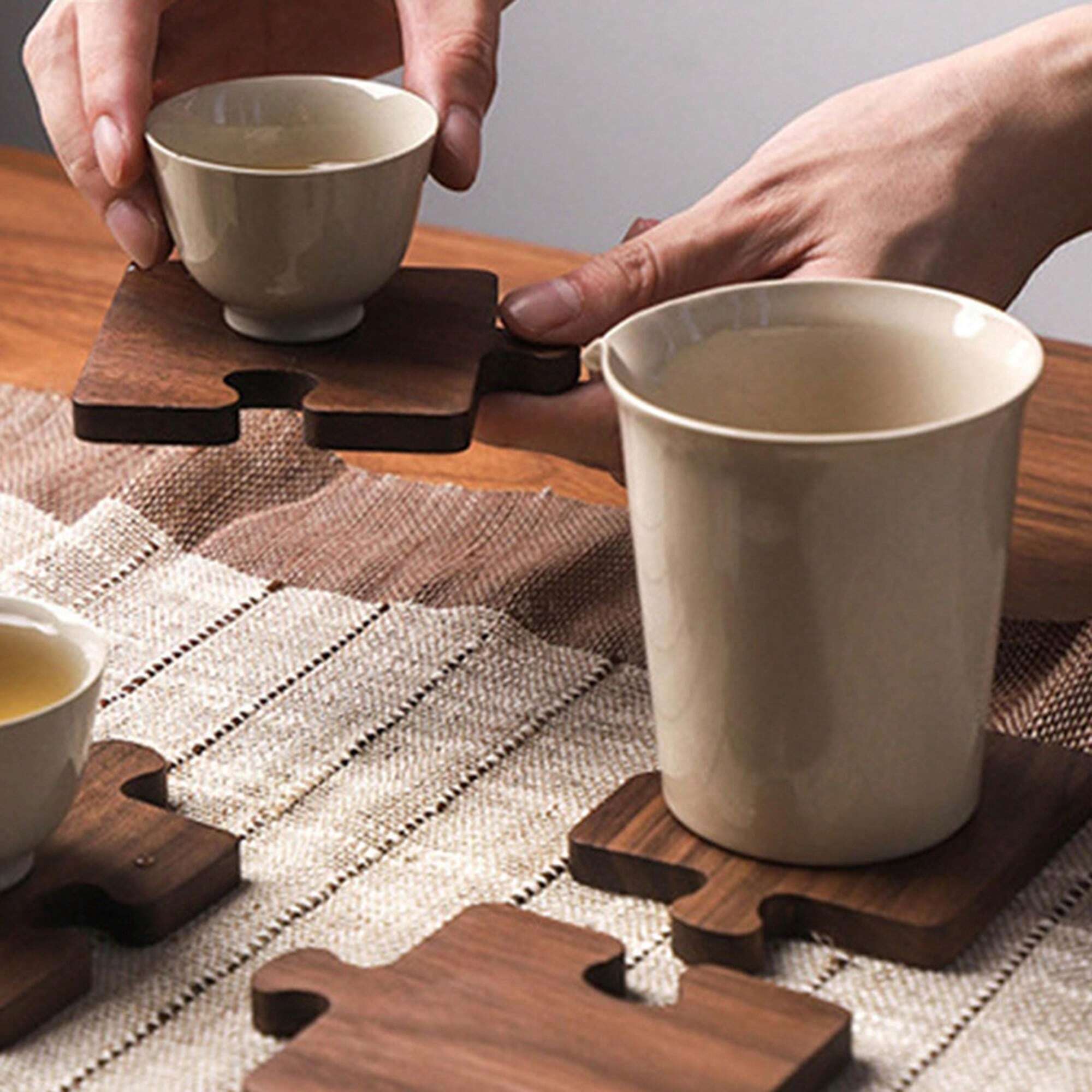 Personalized Retro Walnut Wood Puzzle Coasters – Custom Text Wooden Drink Coasters