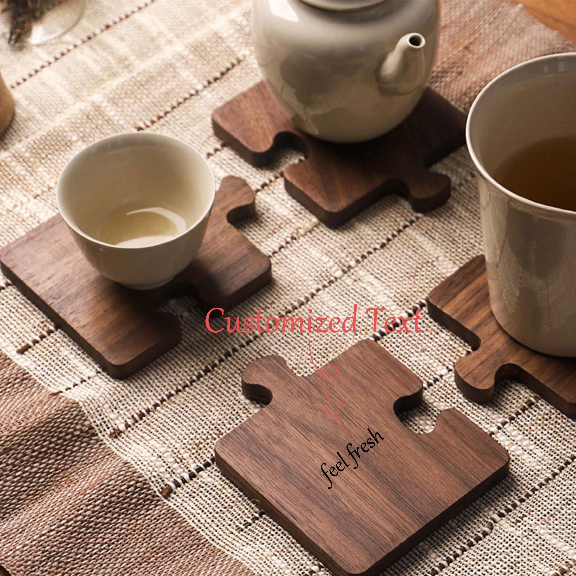 Personalized Retro Walnut Wood Puzzle Coasters – Custom Text Wooden Drink Coasters