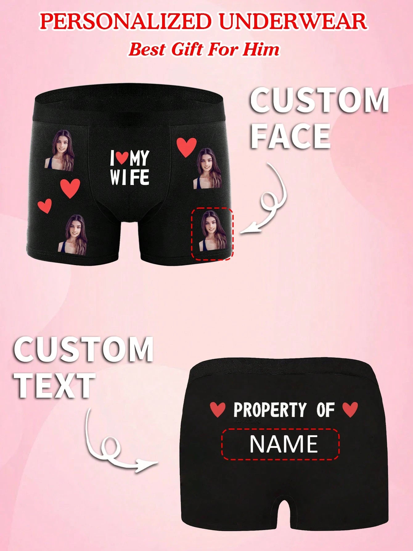 Custom Face Boxer Shorts – Personalized Underwear with Your Face & Hearts And Text