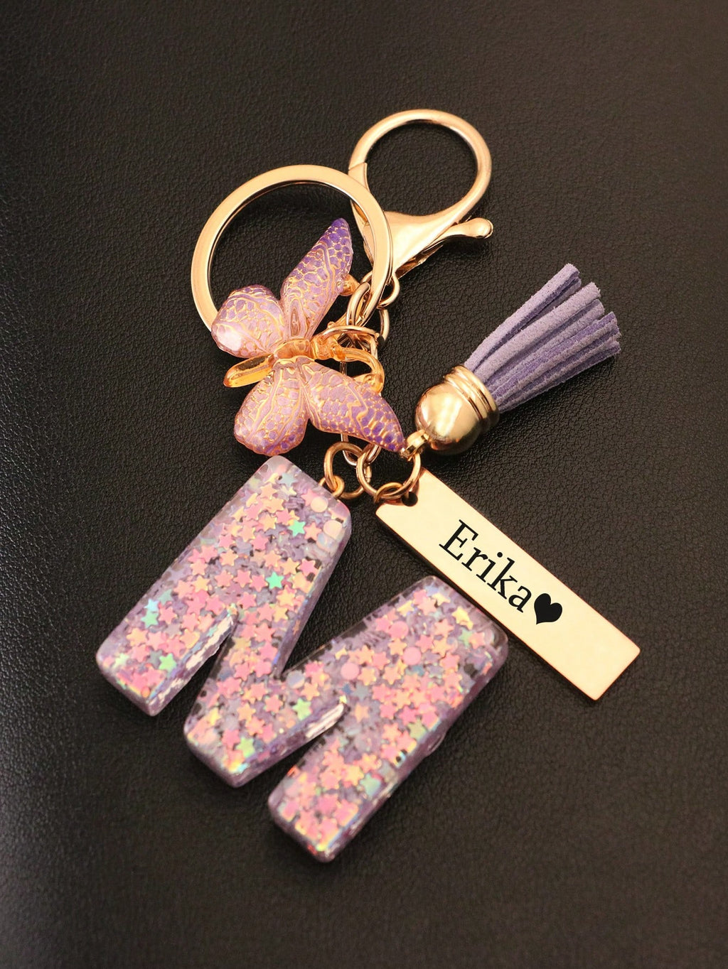 Custom Engraved Crystal Name Keychain – Initial Pendant with Purple Tassel &amp; Shiny Butterfly (1pc)