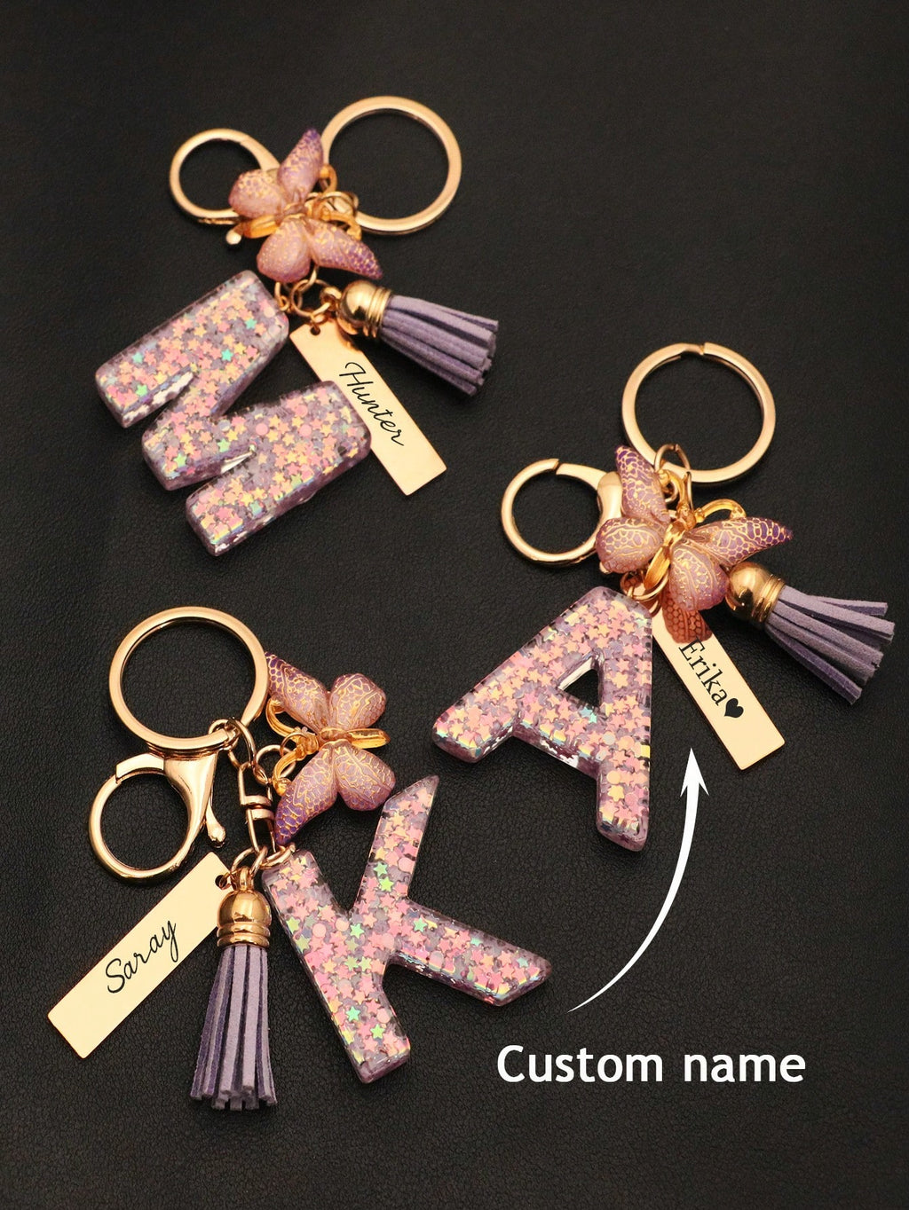 Custom Engraved Crystal Name Keychain – Initial Pendant with Purple Tassel &amp; Shiny Butterfly (1pc)