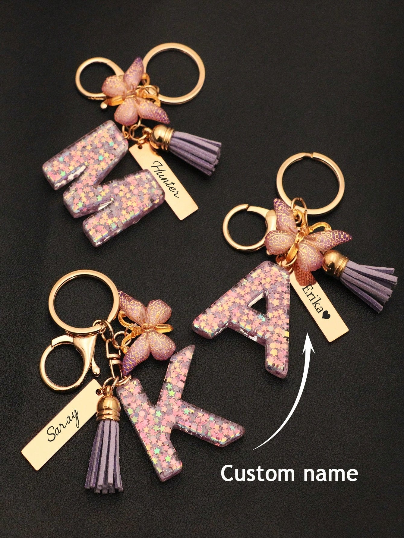 Custom Engraved Crystal Name Keychain – Initial Pendant with Purple Tassel &amp; Shiny Butterfly (1pc)