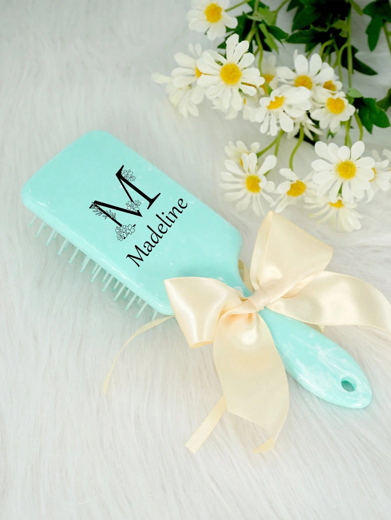 Personalized Name Hairbrush – Custom Detangling Brush with Ribbon Bow (7 x 22cm) Pastel