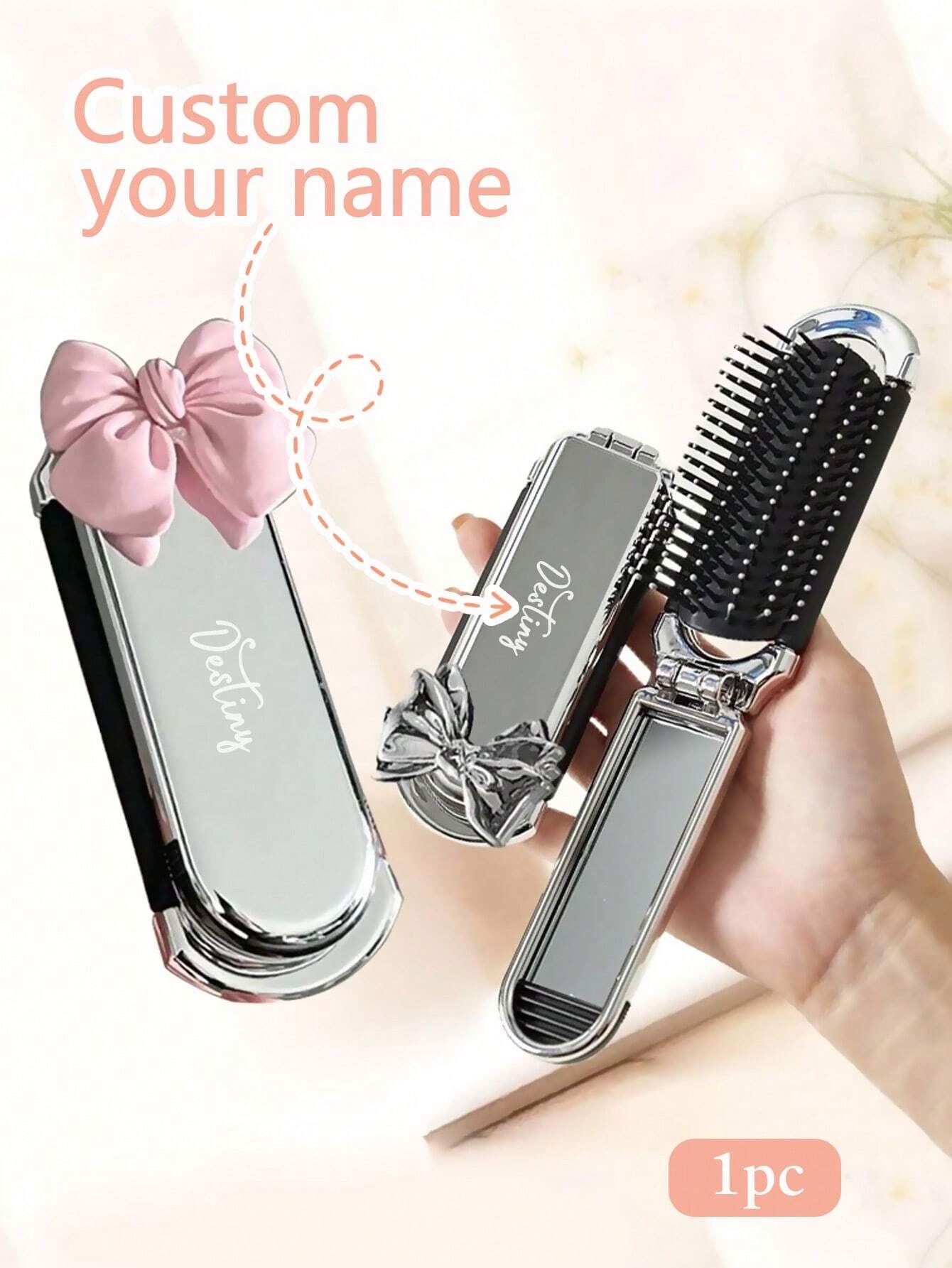 Personalized Foldable Hairbrush – Custom Name Travel Brush with Bow Design