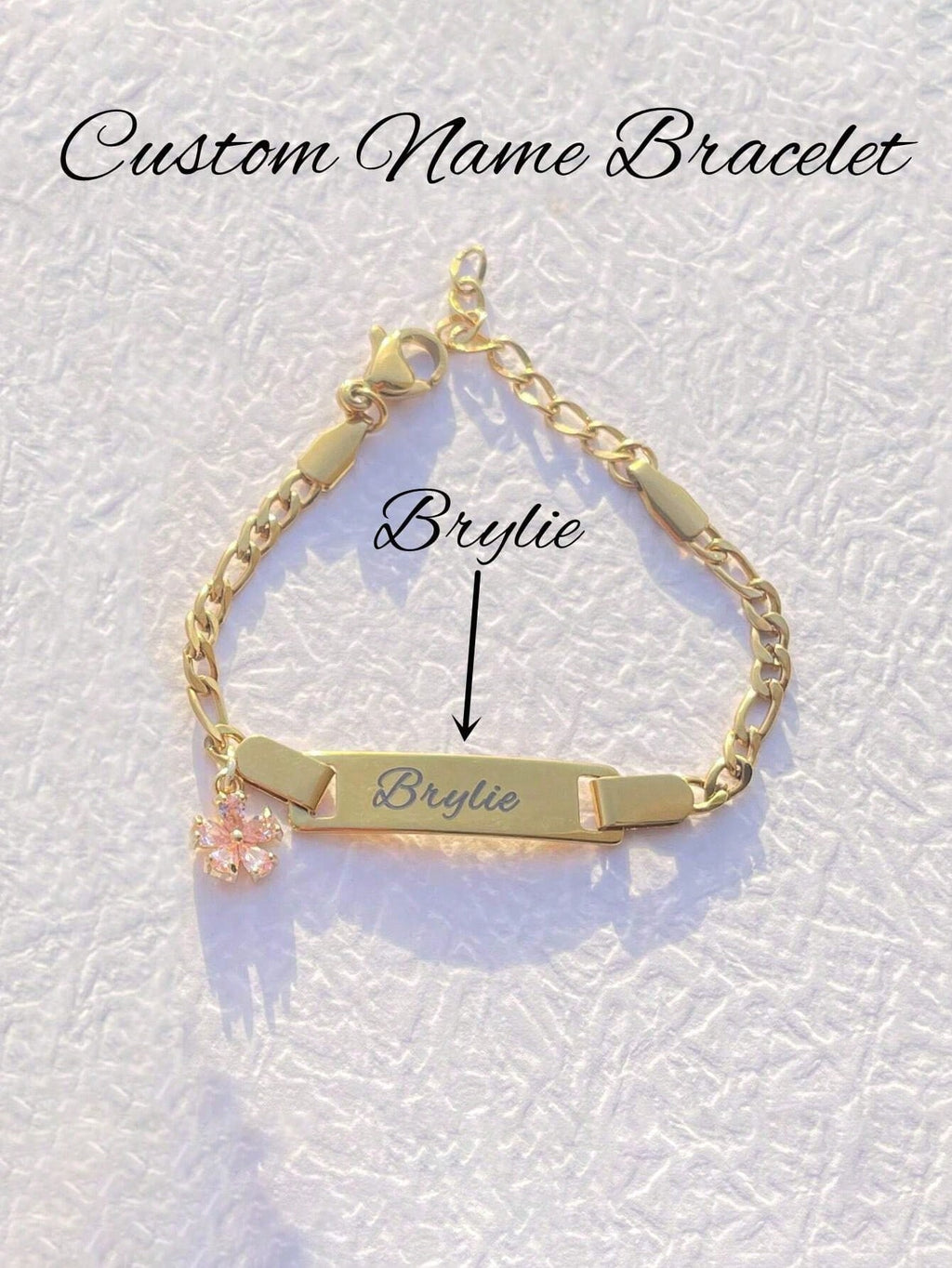 Personalized Gold-Plated Baby Name Bar ID Bracelet (Flower)