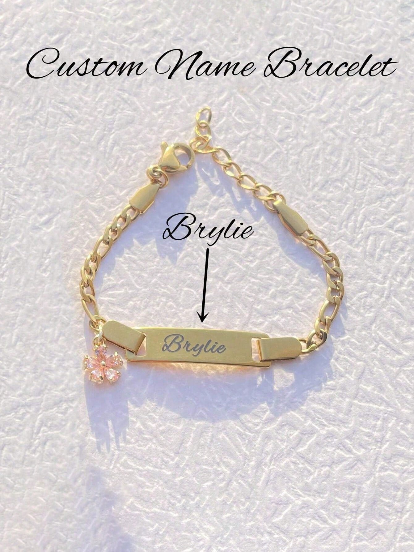 Personalized Gold-Plated Baby Name Bar ID Bracelet (Flower)