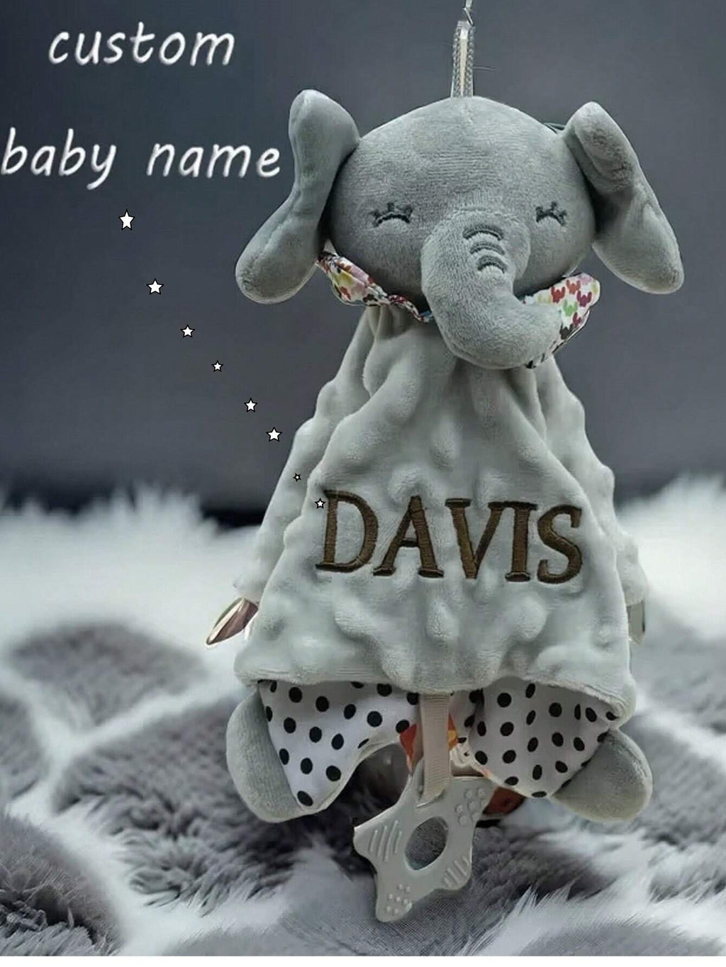 Personalized Embroidered Baby Security Blanket – Custom Name - Elephant