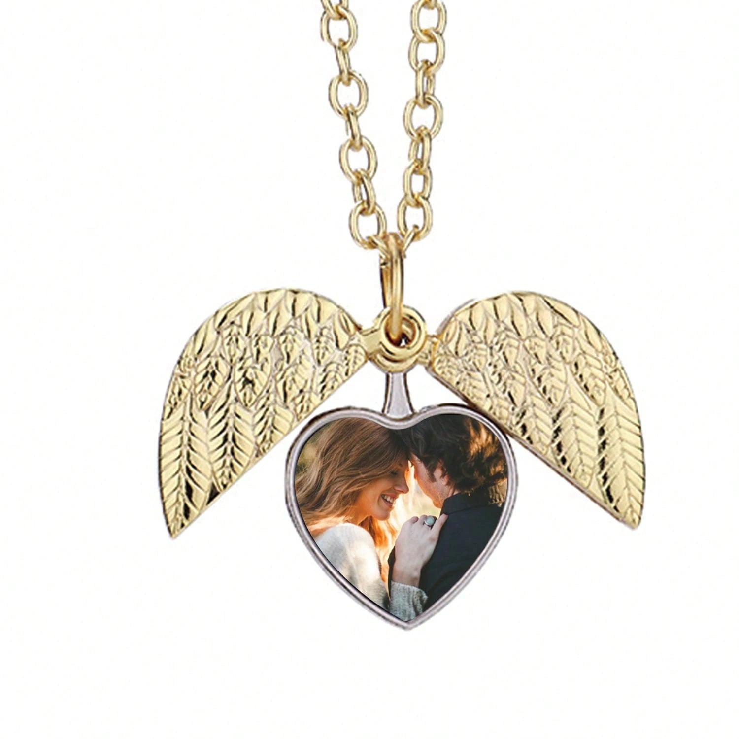 Personalized Heart Photo Angel Wings Locket Necklace – Custom Picture Pendant in Silver, Gold