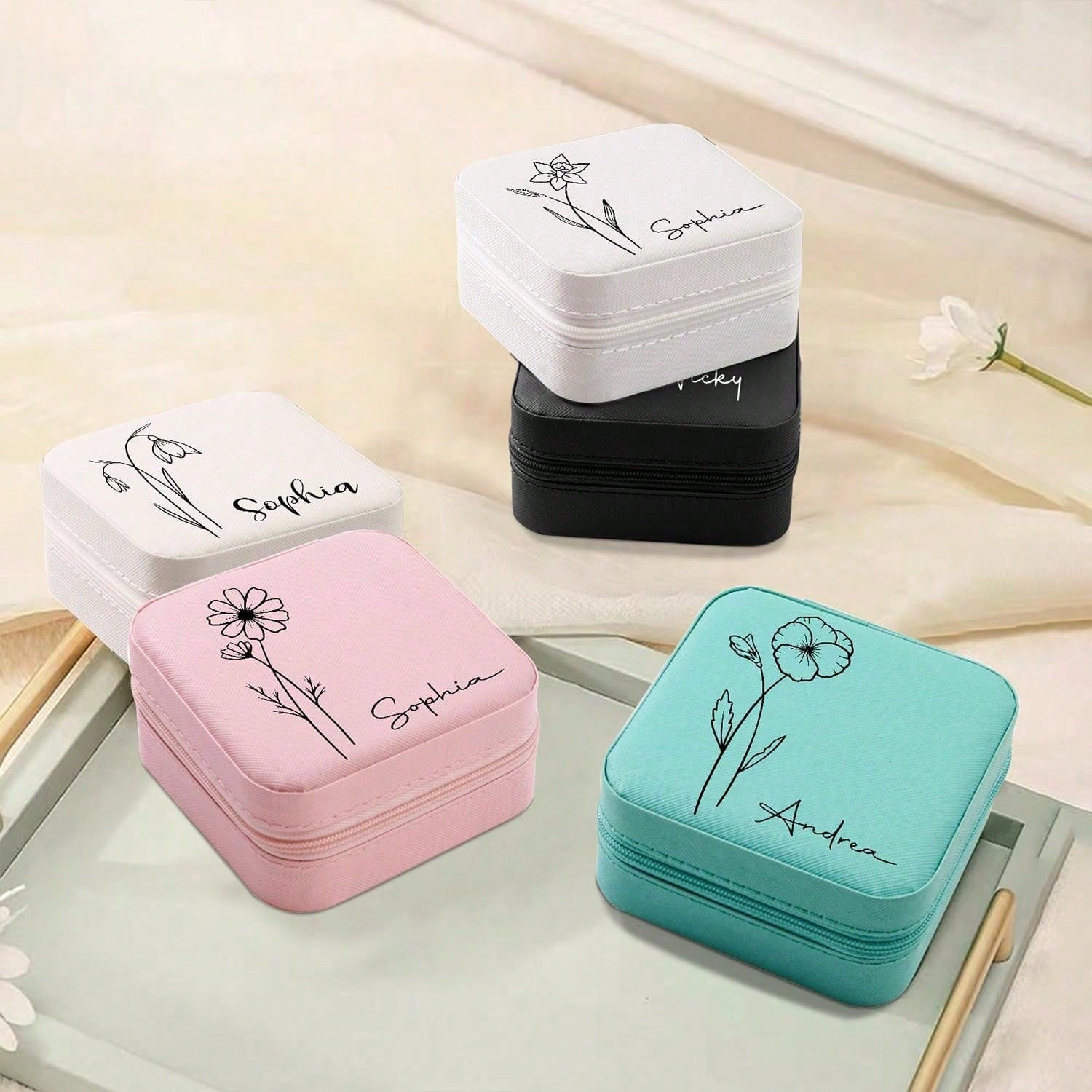 Birthday Flower Line Art Flowers – Personalized Jewelry Box With Mirror