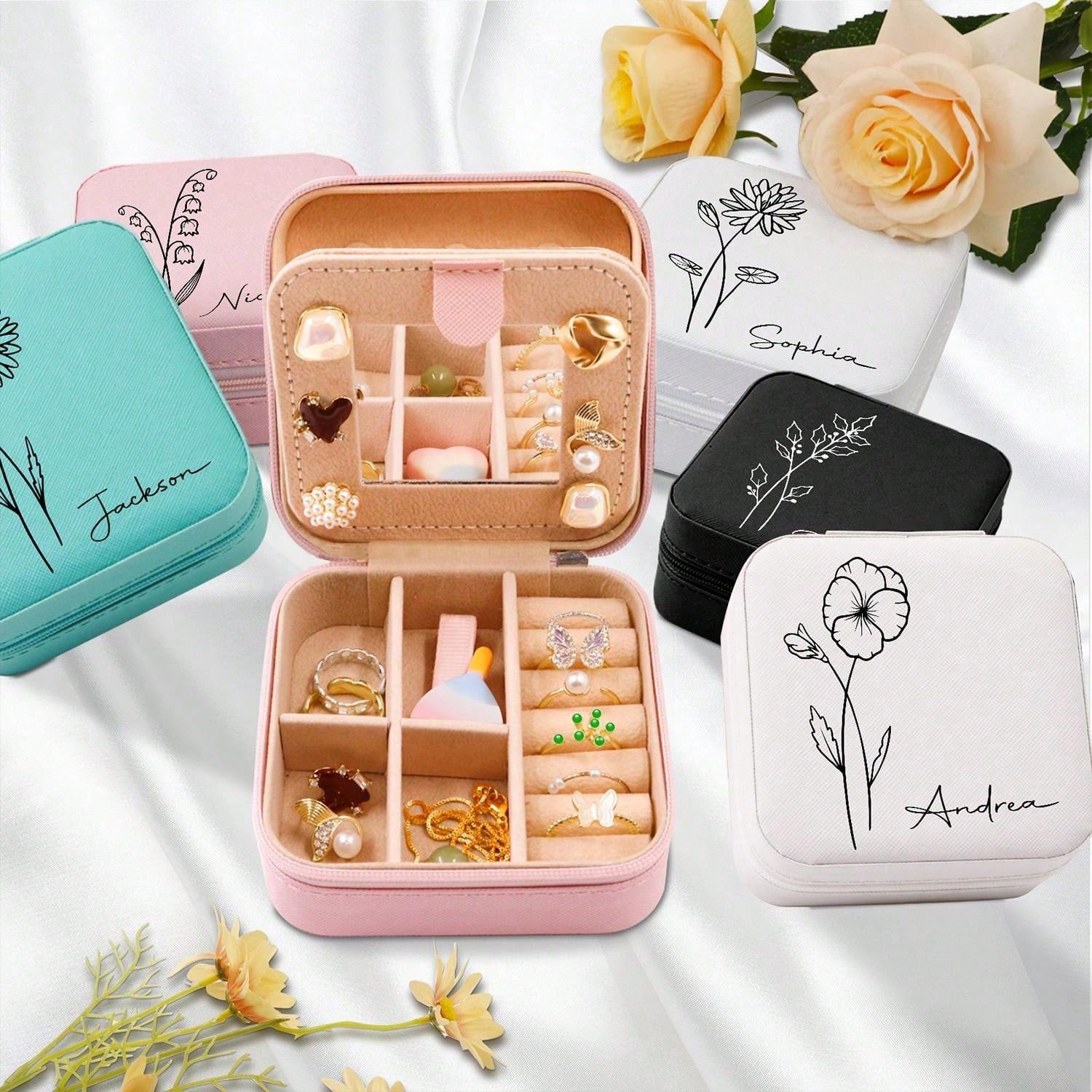 Birthday Flower Line Art Flowers – Personalized Jewelry Box