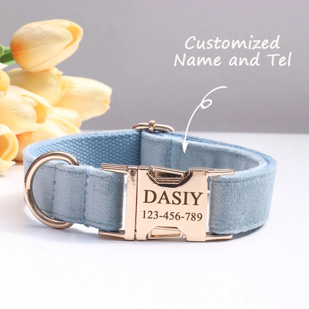 Velvet Personalized Dog Collar with Engraved Name Plate