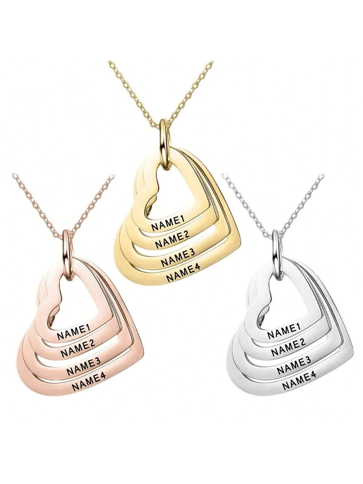 Personalized Multilayer Heart Pendant Necklace – Custom Engraved 1–4 Names, Stainless Steel