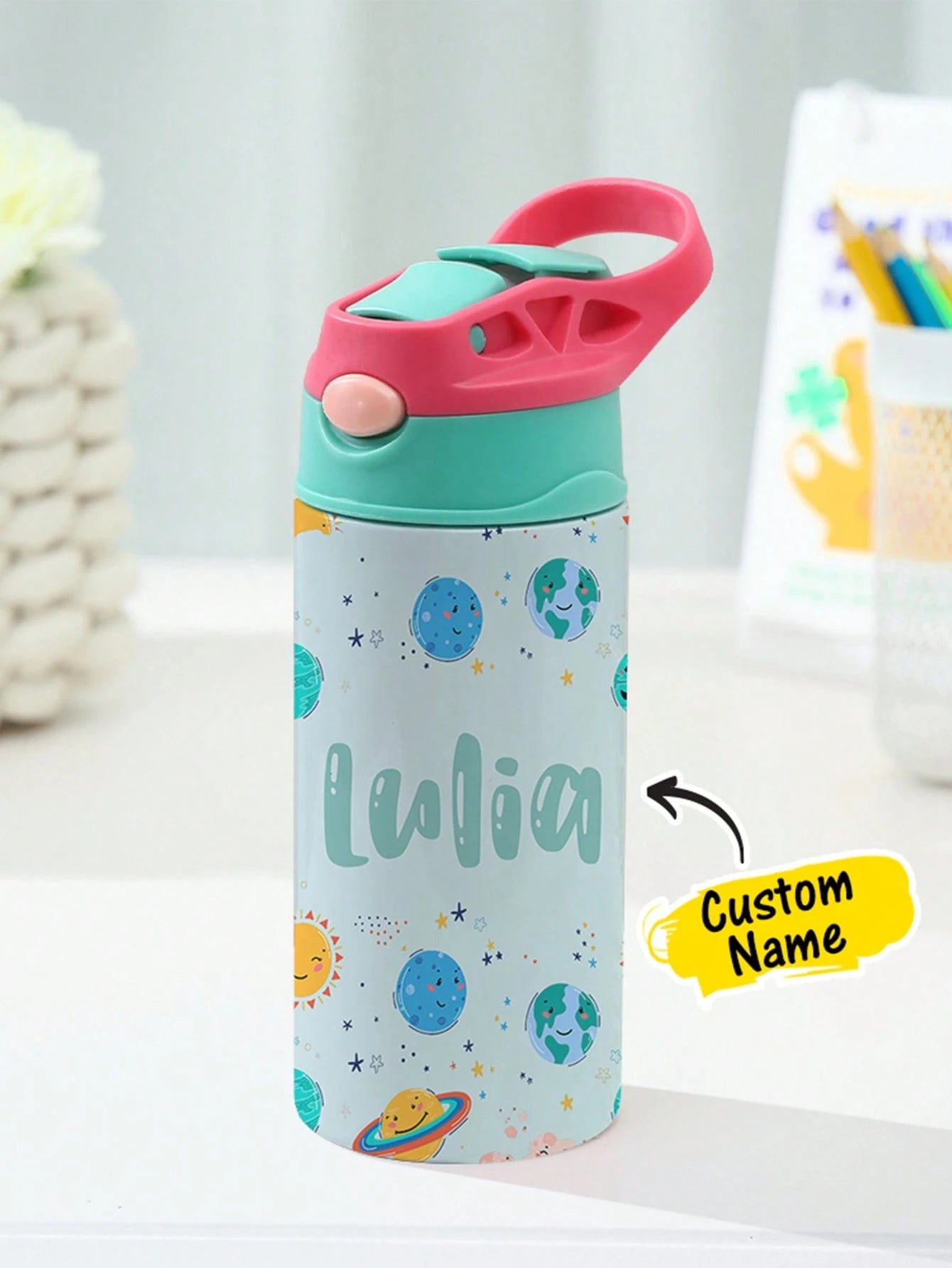 350ml Personalized Kids Water Bottle – Custom Name (Planets Design)