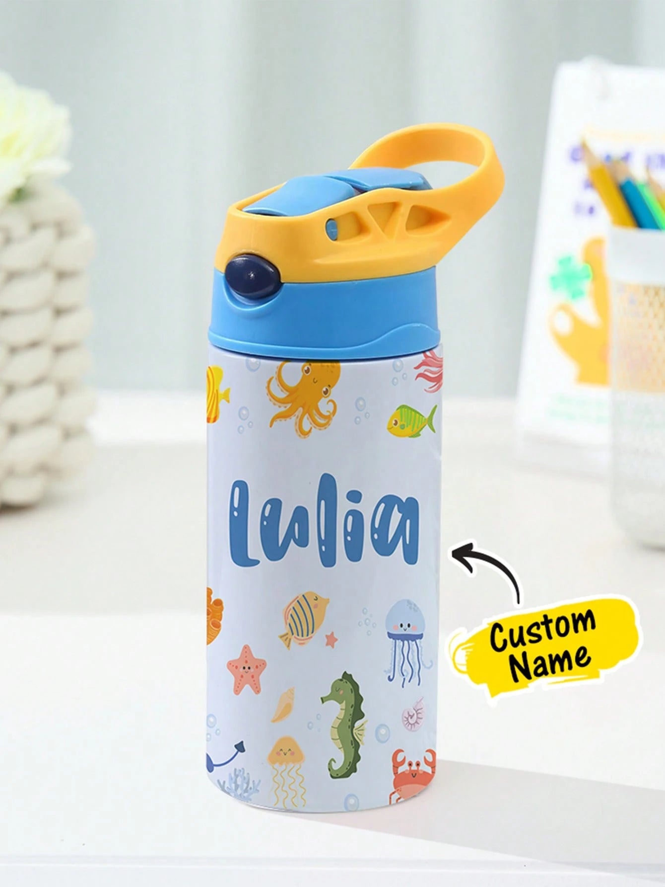 350ml Personalized Kids Water Bottle – Custom Name (Ocean Design)