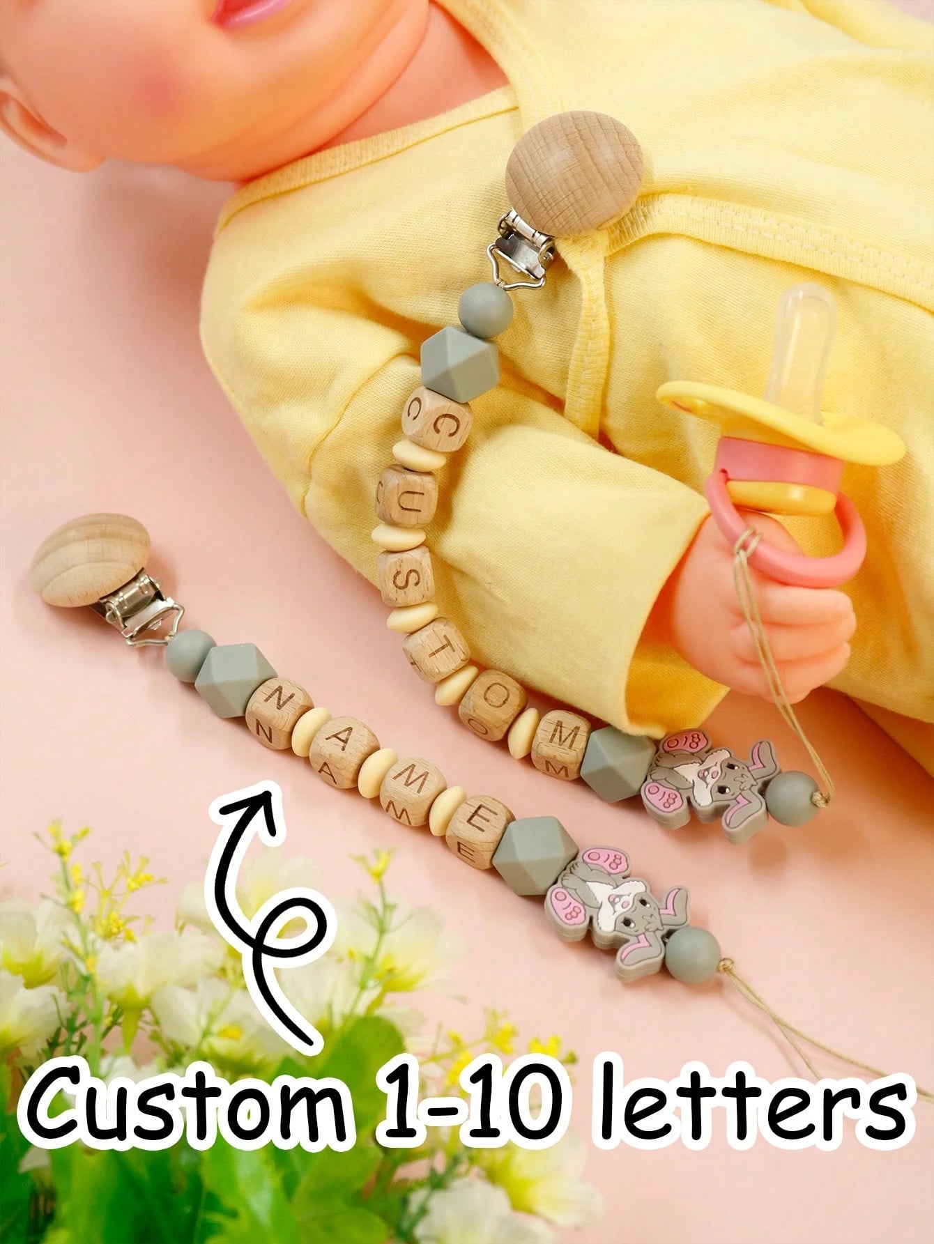 Customized Baby Name Wooden Pacifier Chain Clip