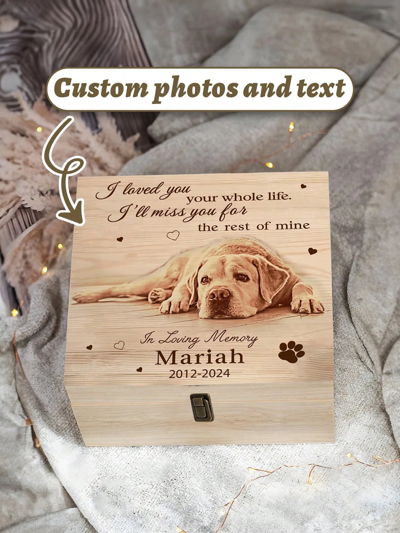 Personalized Pet Memorial Wood Box with Photo