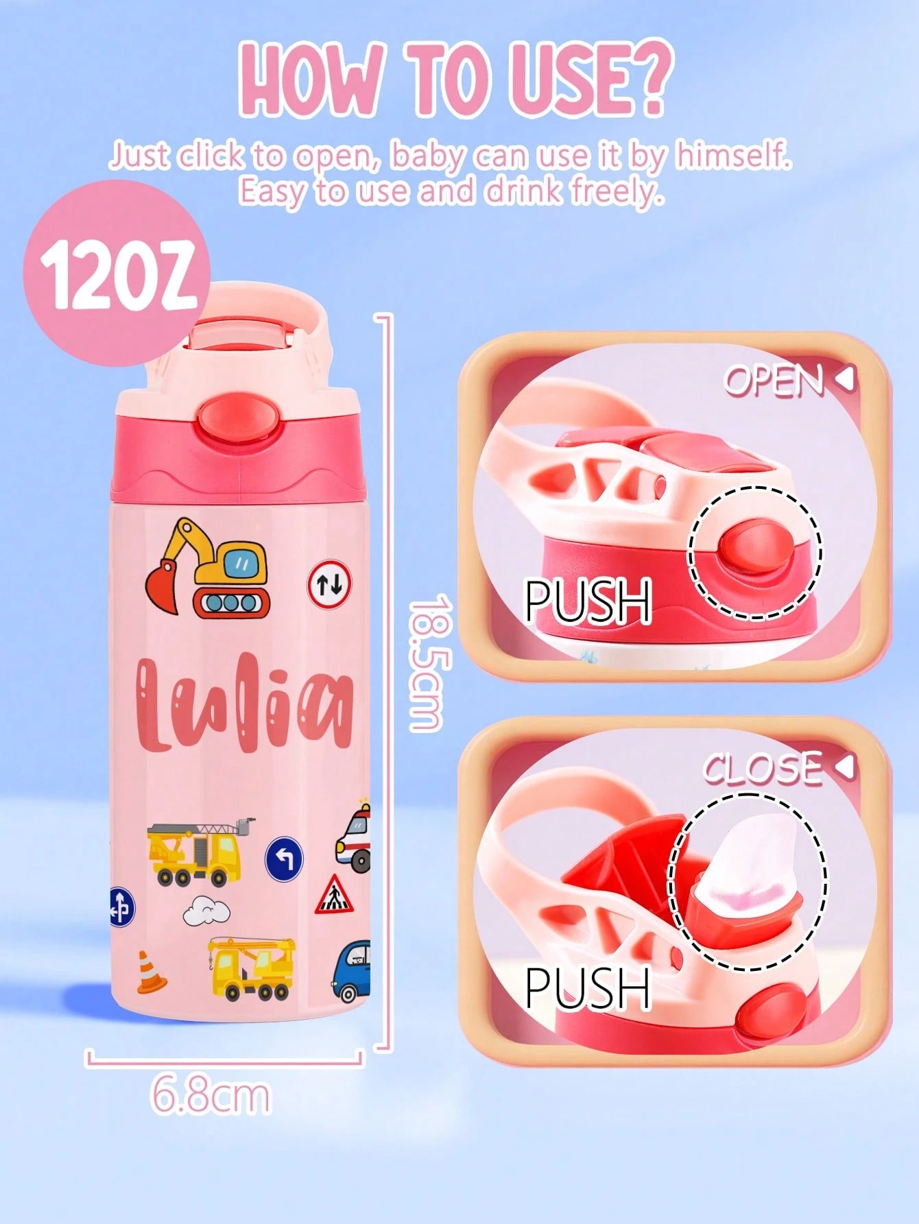 350ml Personalized Kids Water Bottle – Custom Name (Cars Design)