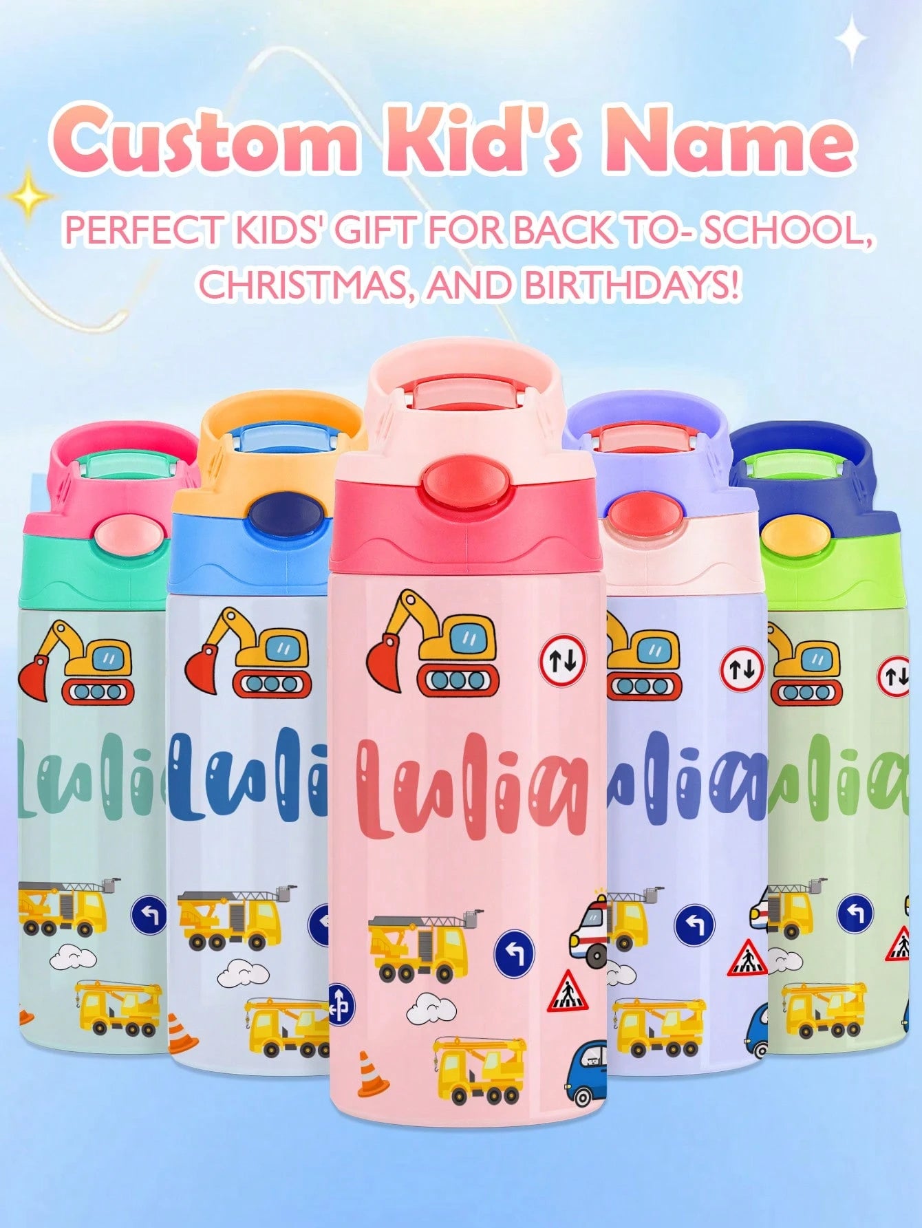 350ml Personalized Kids Water Bottle – Custom Name (Cars Design)