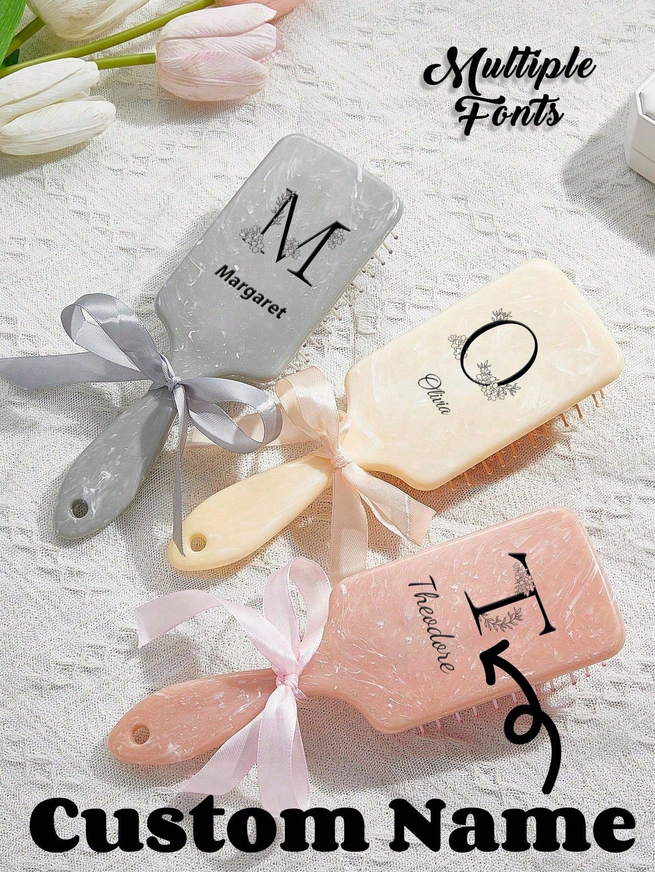 Personalized Name Hairbrush – Custom Detangling Brush with Ribbon Bow (7 x 22cm)