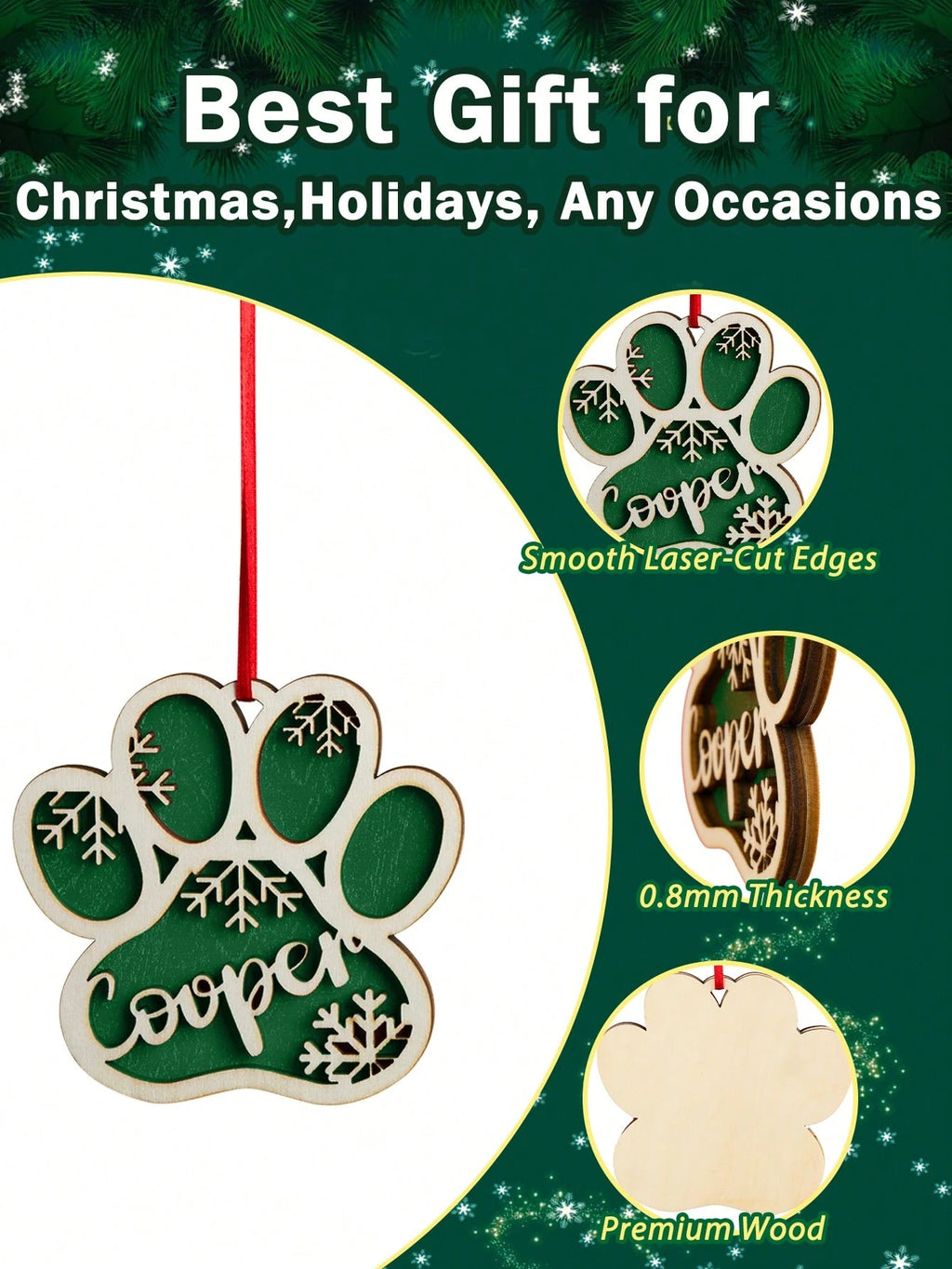 Personalized Wooden Christmas Name Ornament (Green Paw)