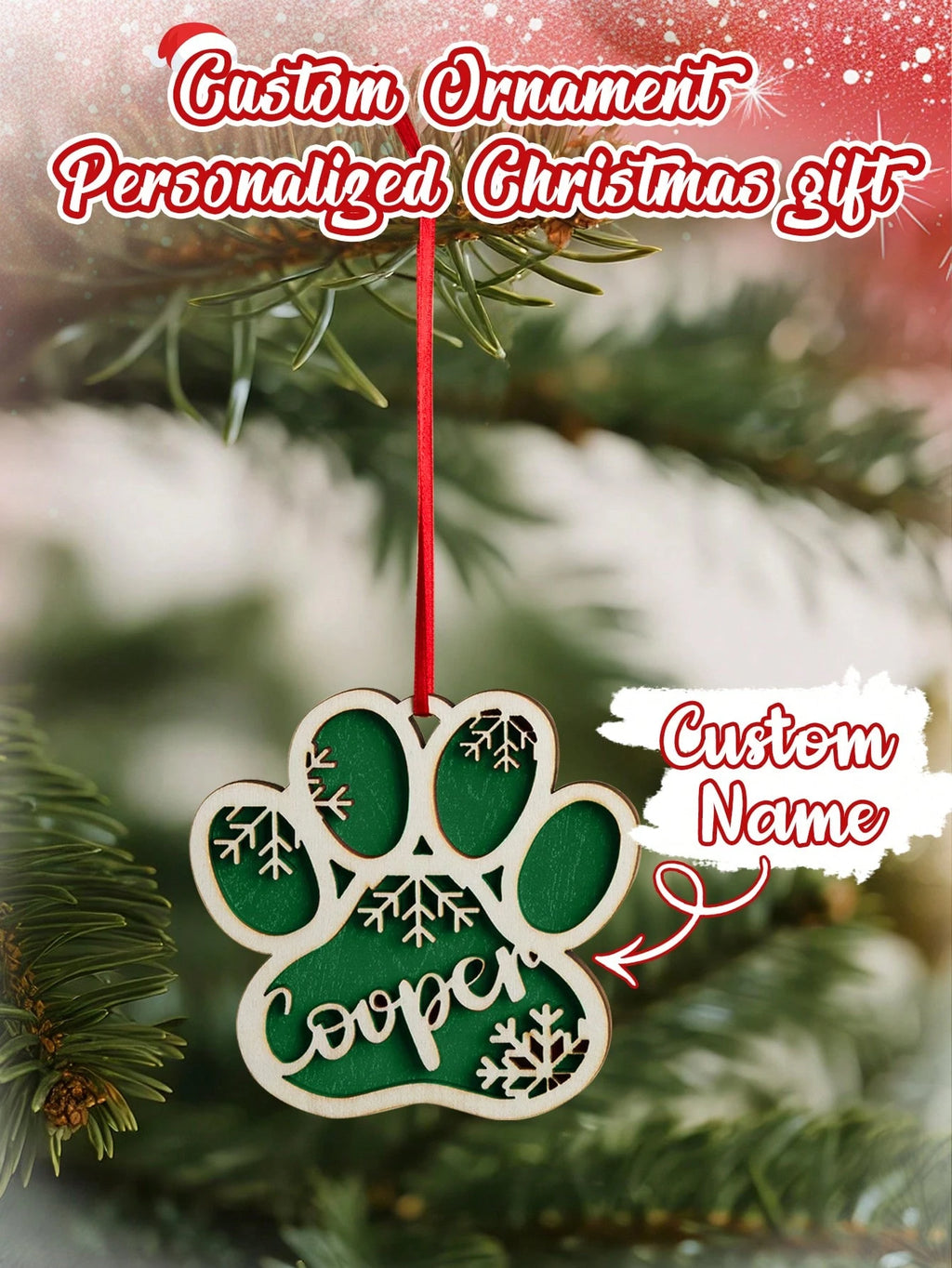 Personalized Wooden Christmas Name Ornament (Green Paw)