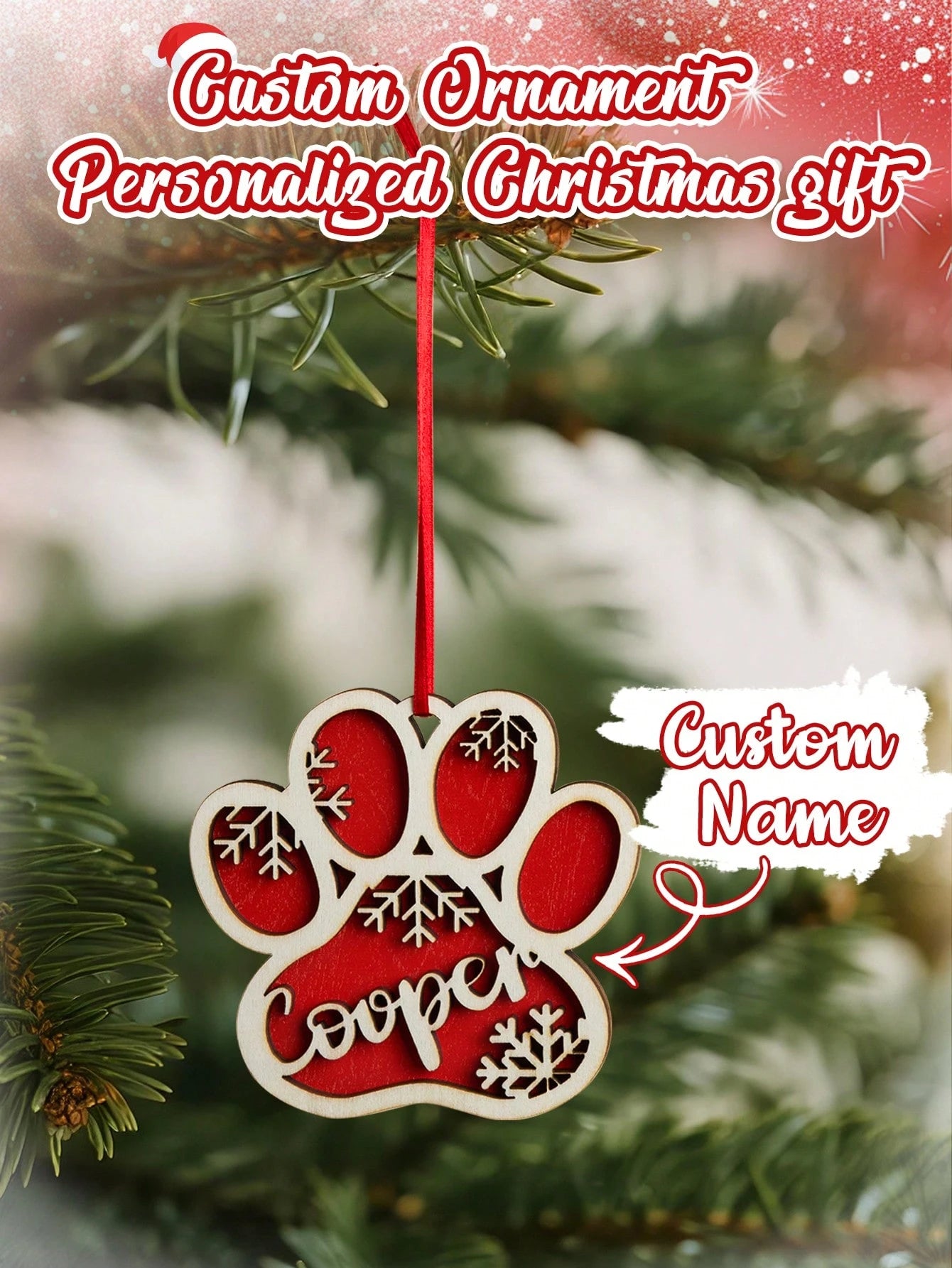 Personalized Wooden Christmas Name Ornament (Red Paw)