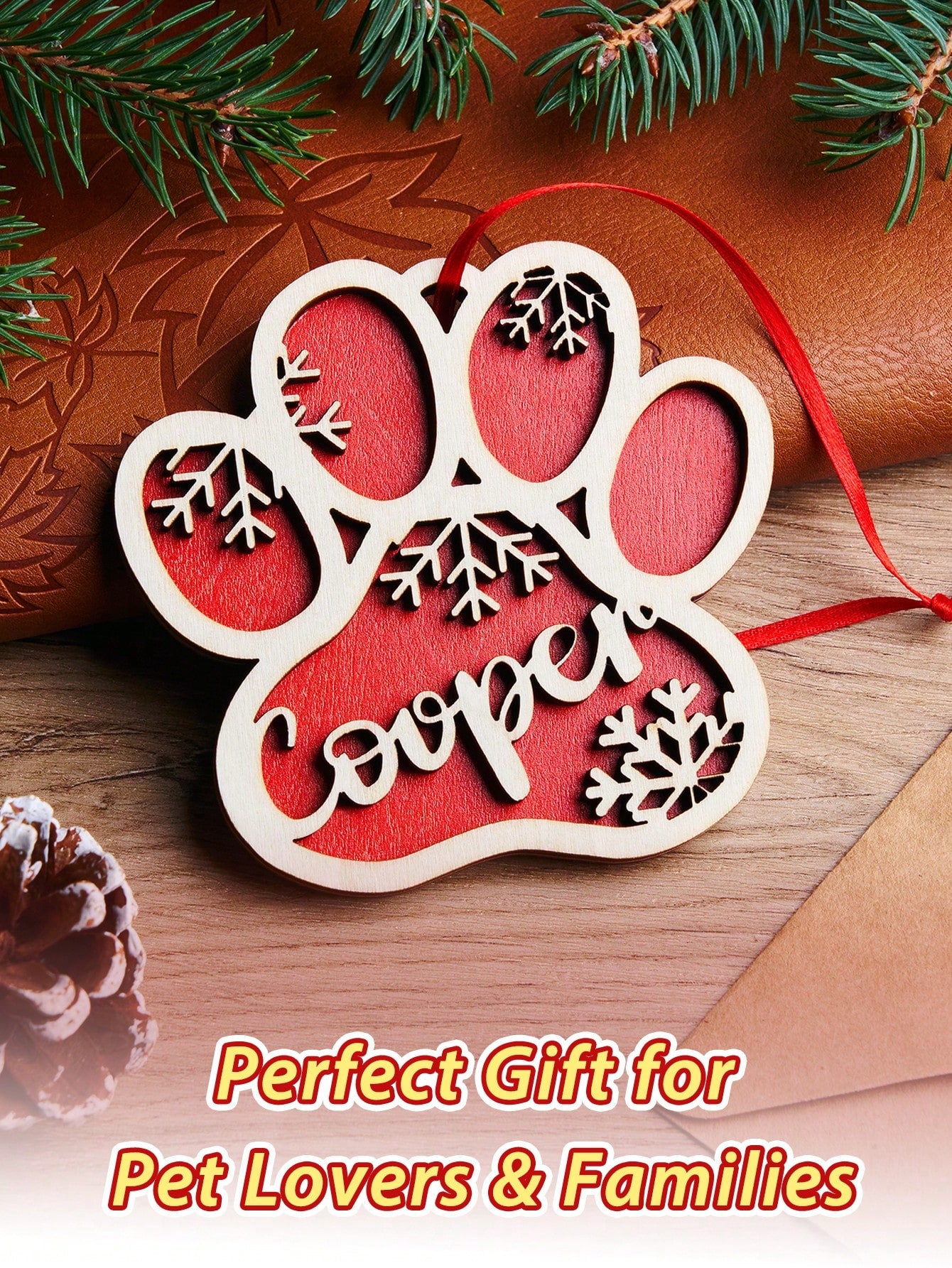 Personalized Wooden Christmas Name Ornament (Red Paw)